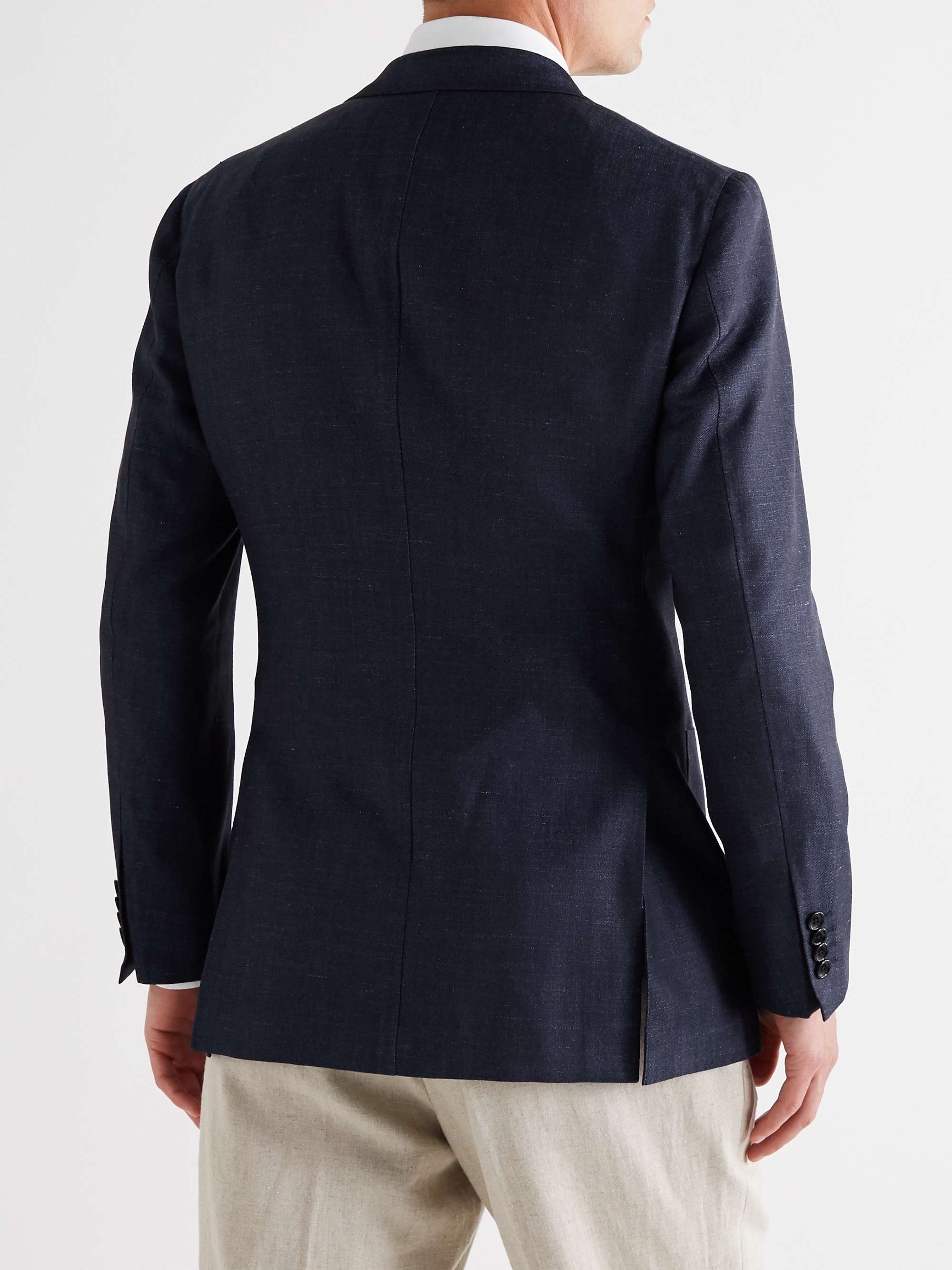 BEAMS F Unstructured Double-Breasted Wool, Silk and Linen-Blend Denim Blazer