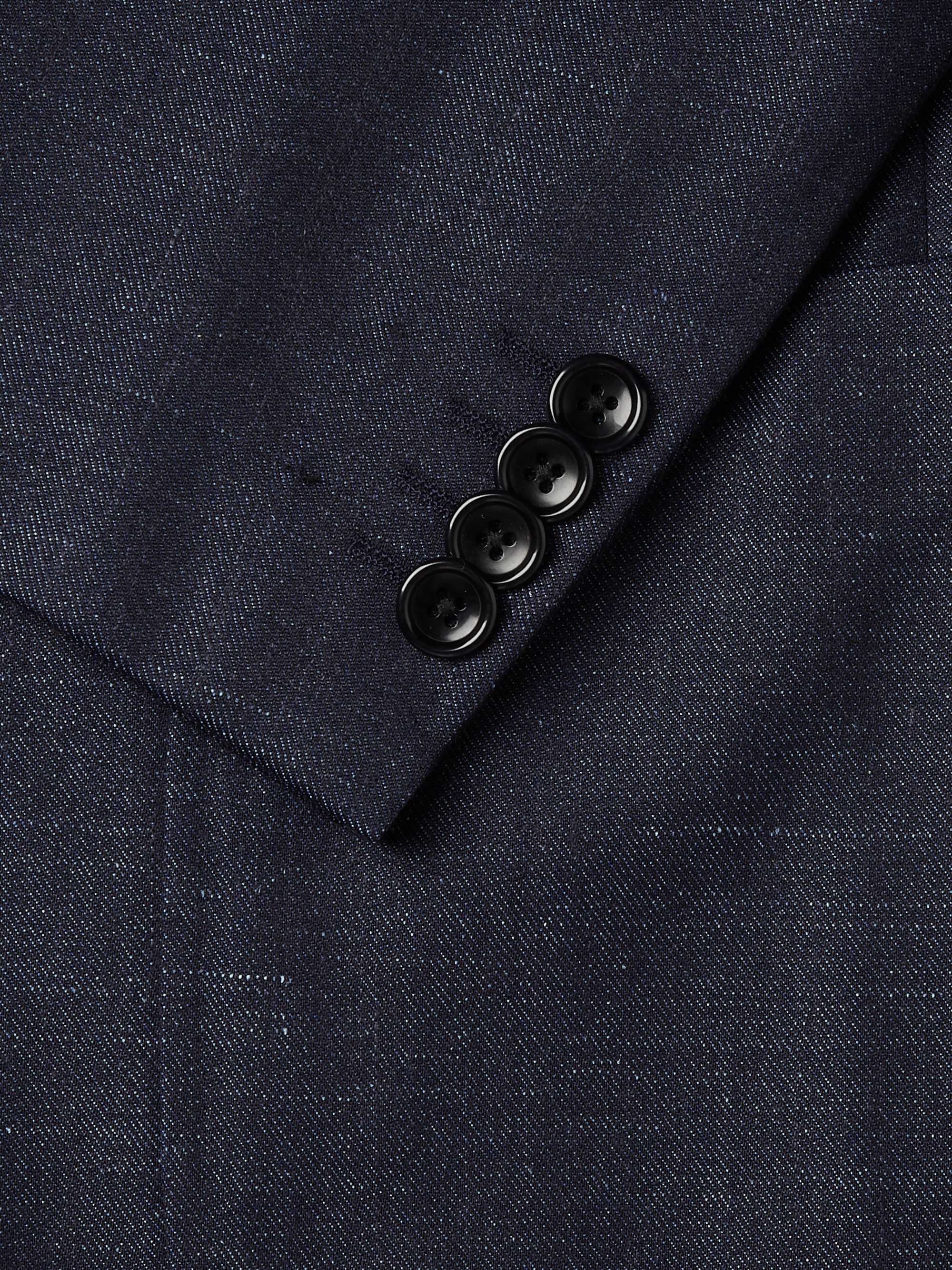 BEAMS F Unstructured Double-Breasted Wool, Silk and Linen-Blend Denim Blazer