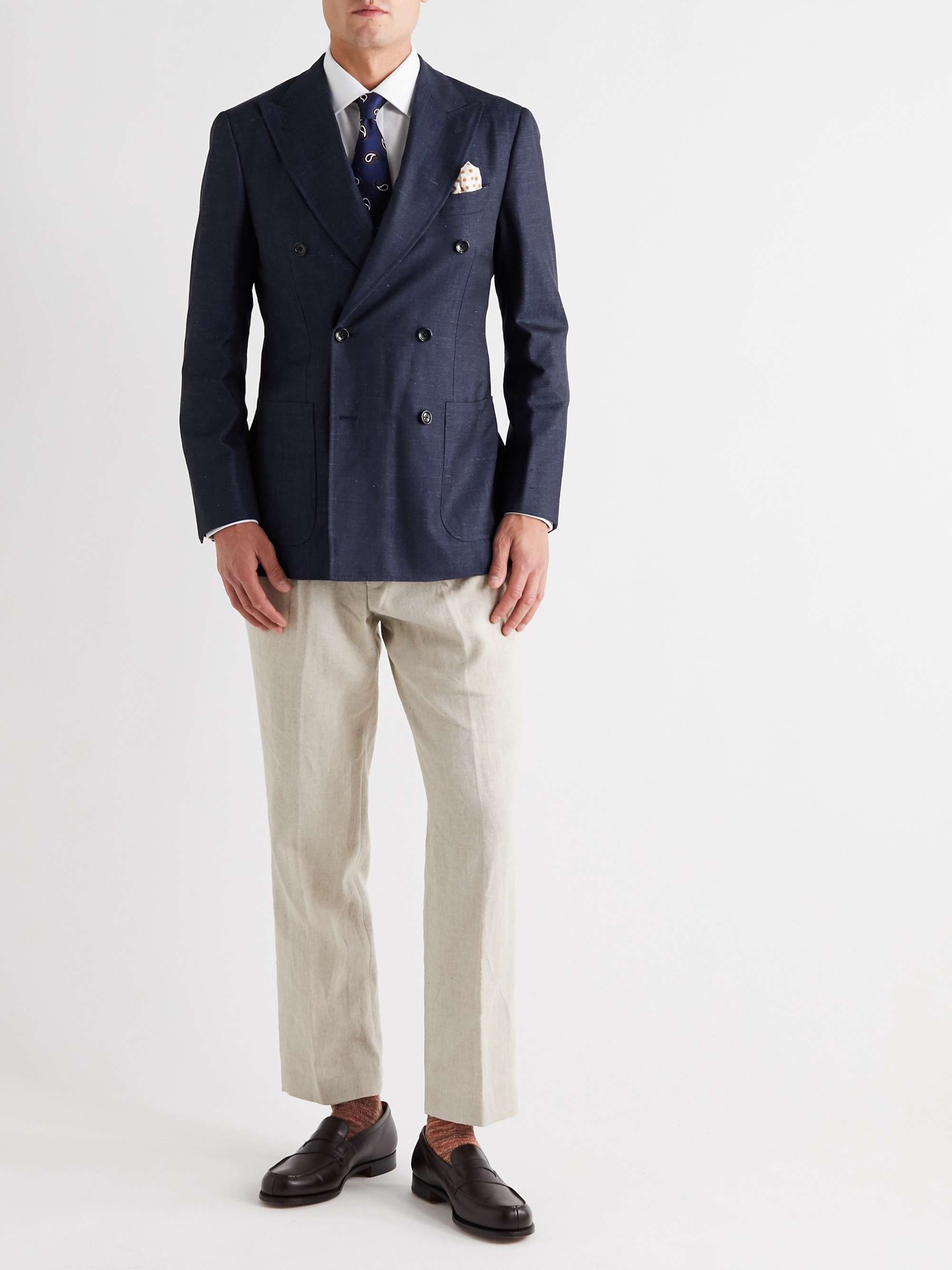 BEAMS F Unstructured Double-Breasted Wool, Silk and Linen-Blend Denim Blazer