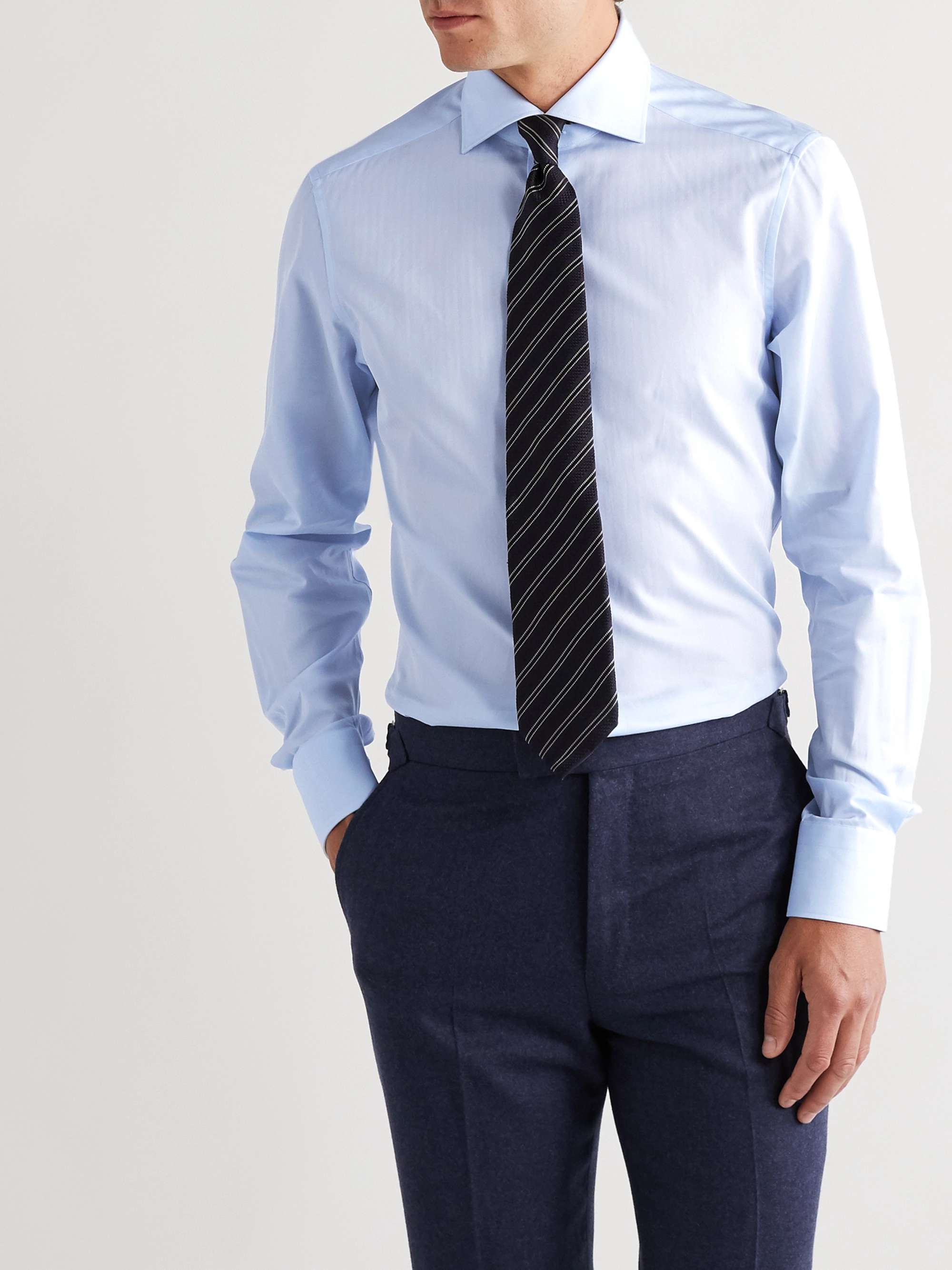 ZEGNA Cutaway-Collar Herringbone Cotton Shirt