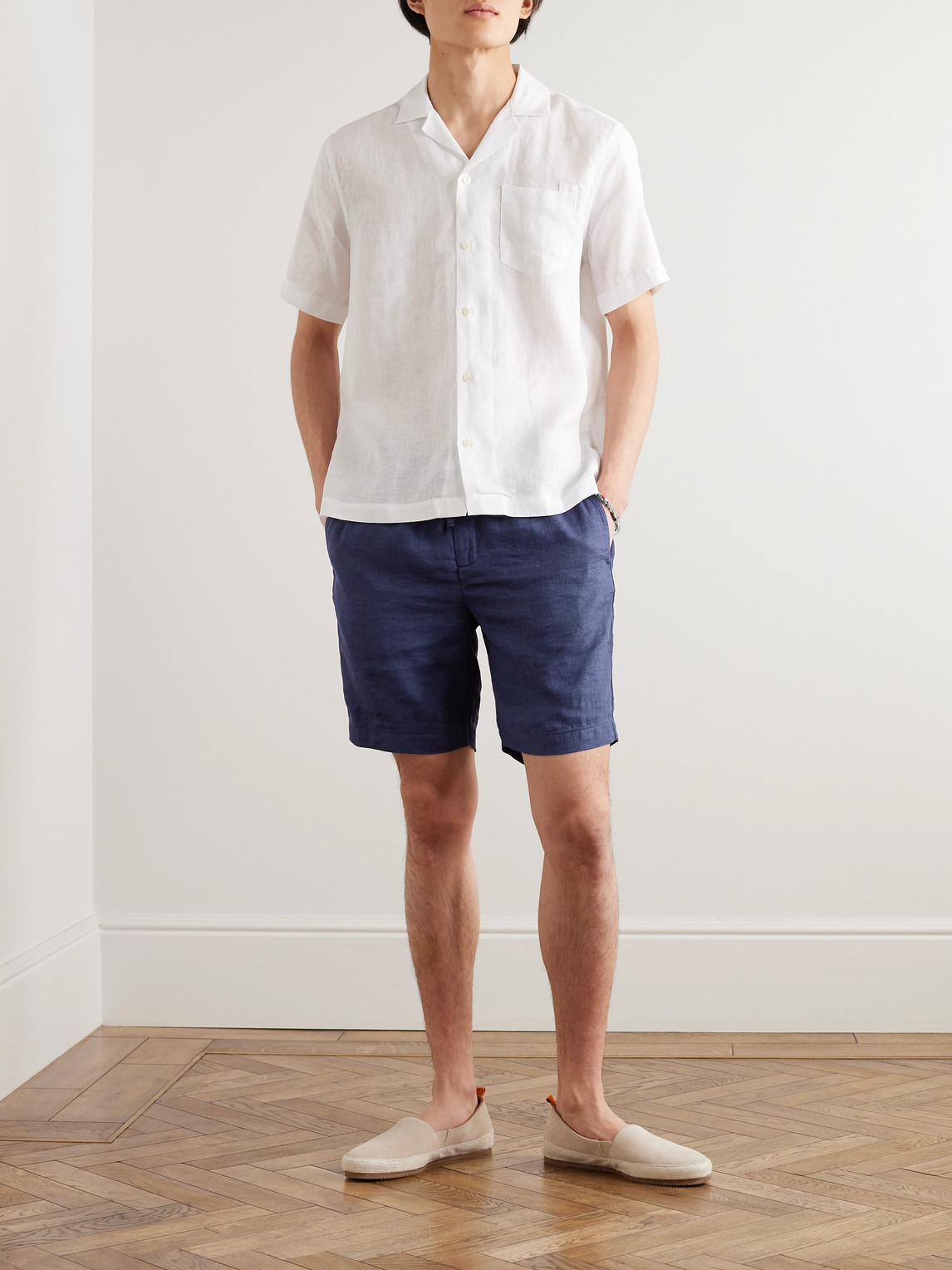 Shop Frescobol Carioca Felipe Slim-fit Linen And Cotton-blend Drawstring Shorts In Blue