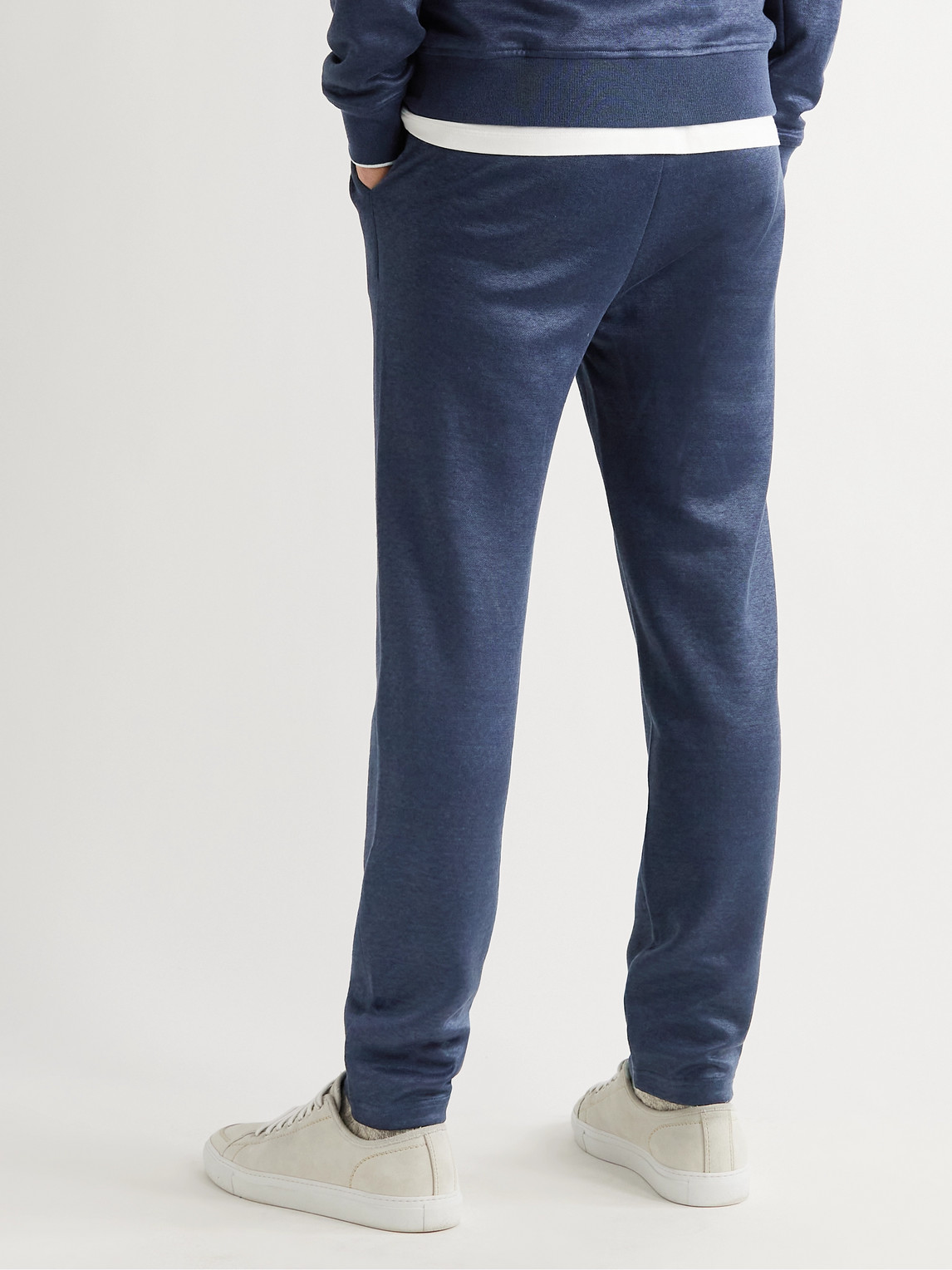 Shop Loro Piana Tapered Stretch Linen-blend Sweatpants In Blue