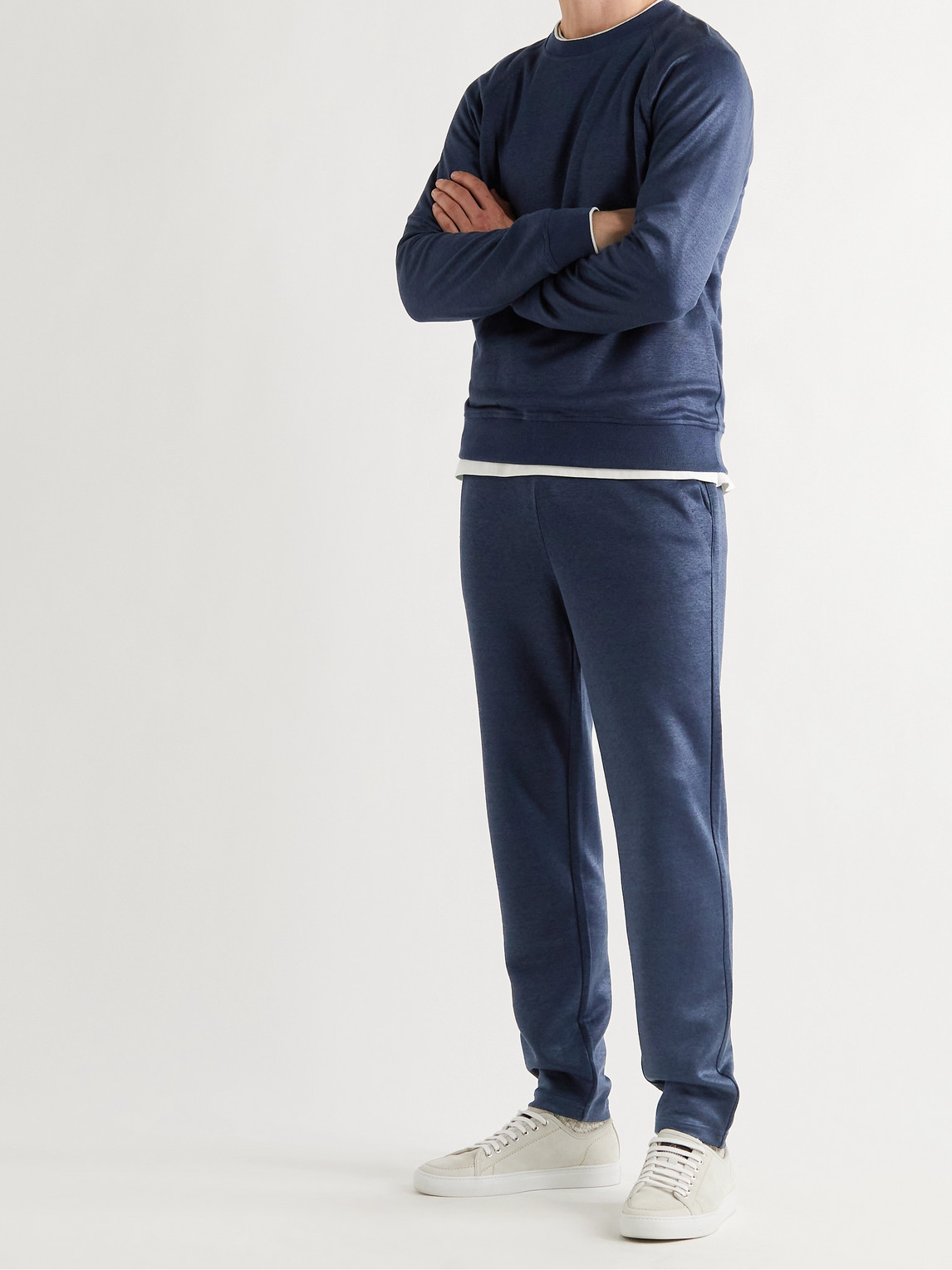 Shop Loro Piana Tapered Stretch Linen-blend Sweatpants In Blue