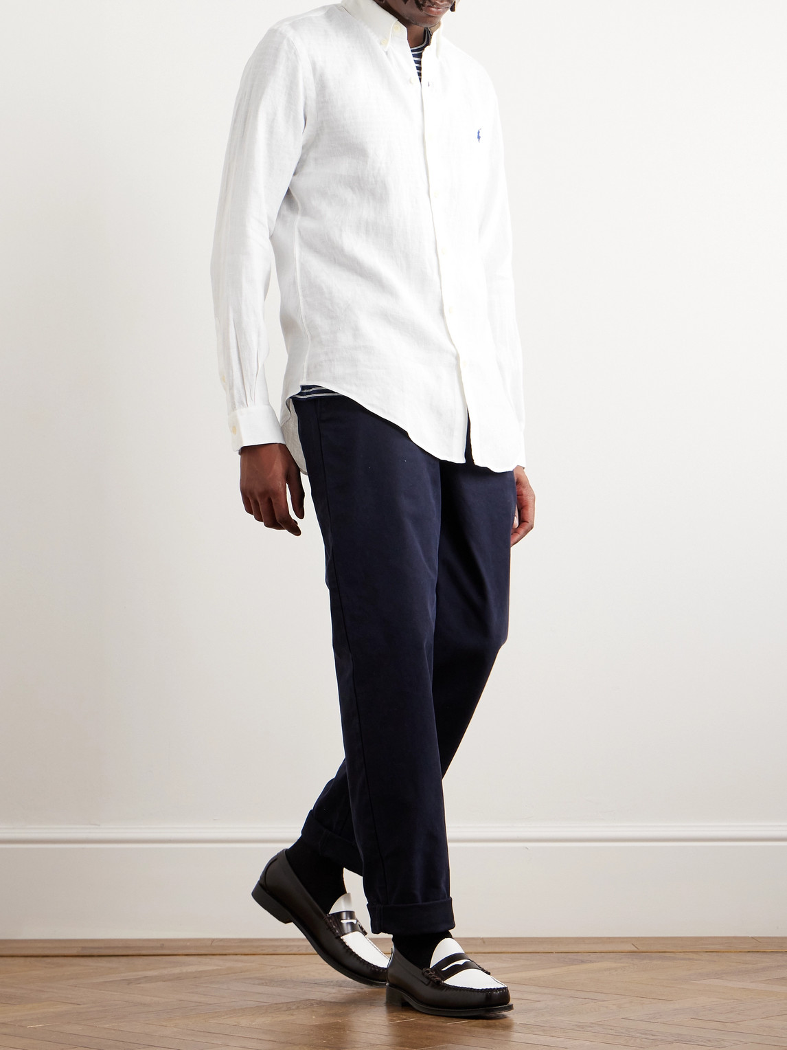 Shop Polo Ralph Lauren Slim-fit Button-down Collar Logo-embroidered Linen Shirt In White