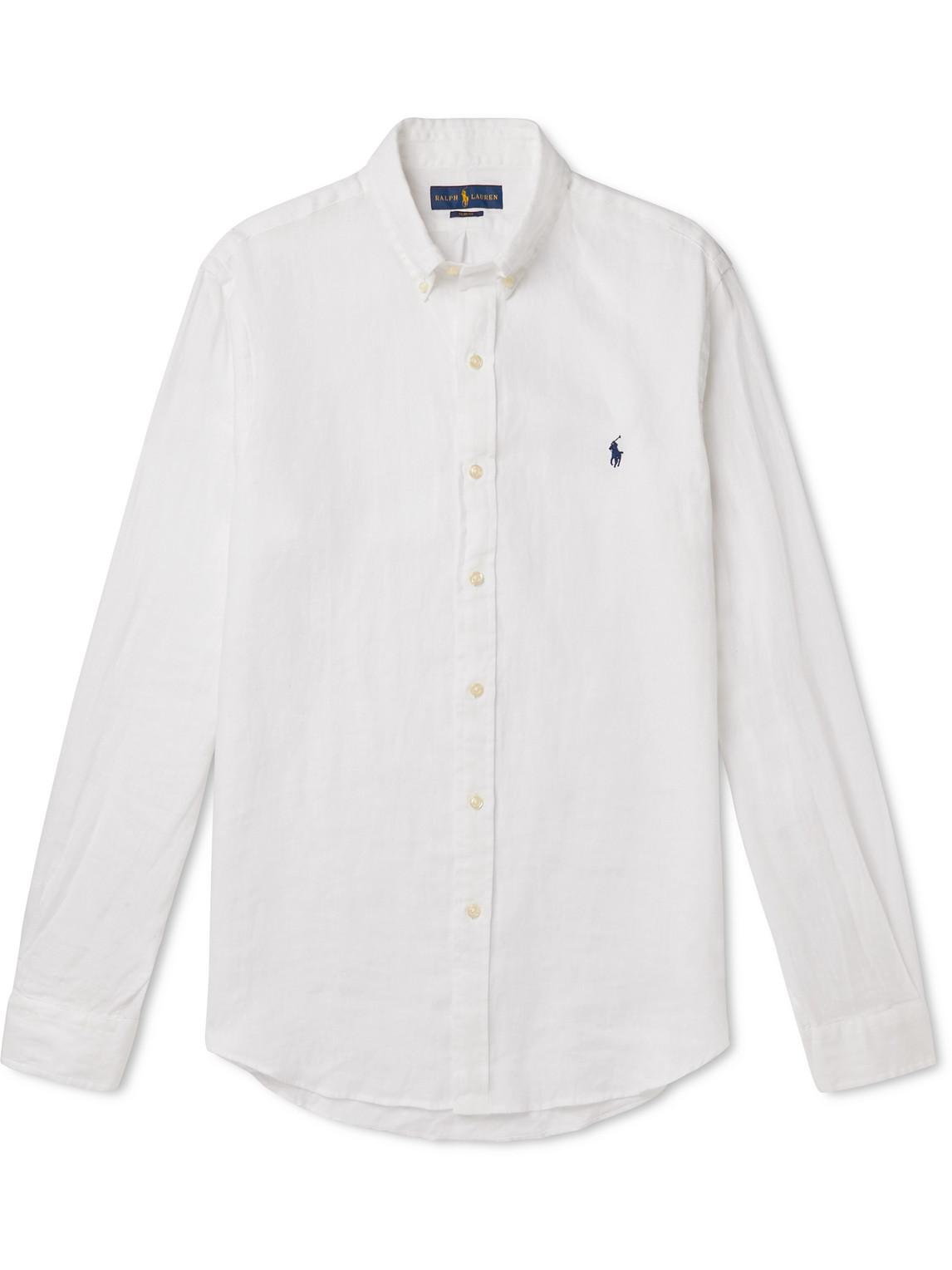 Shop Polo Ralph Lauren Slim-fit Button-down Collar Logo-embroidered Linen Shirt In White