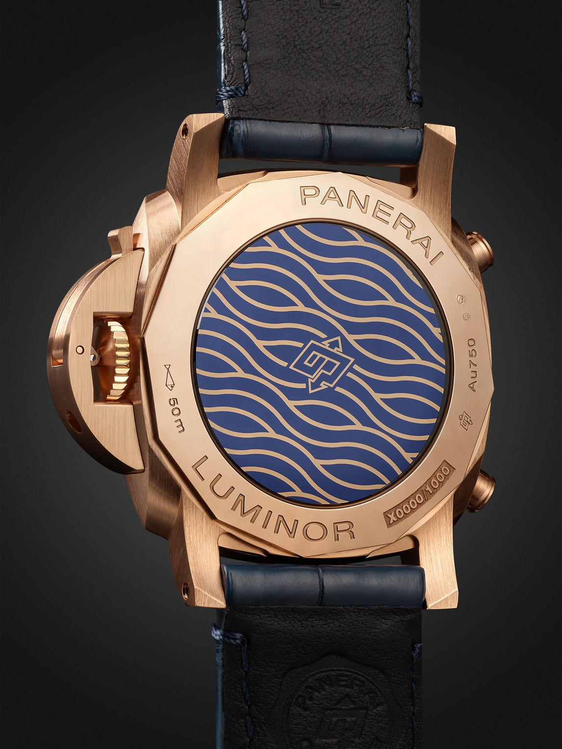 Shop Panerai Luminor Chrono Automatic Chronograph 44mm Goldtech And Alligator Watch, Ref. No. Pam01111 In Blue