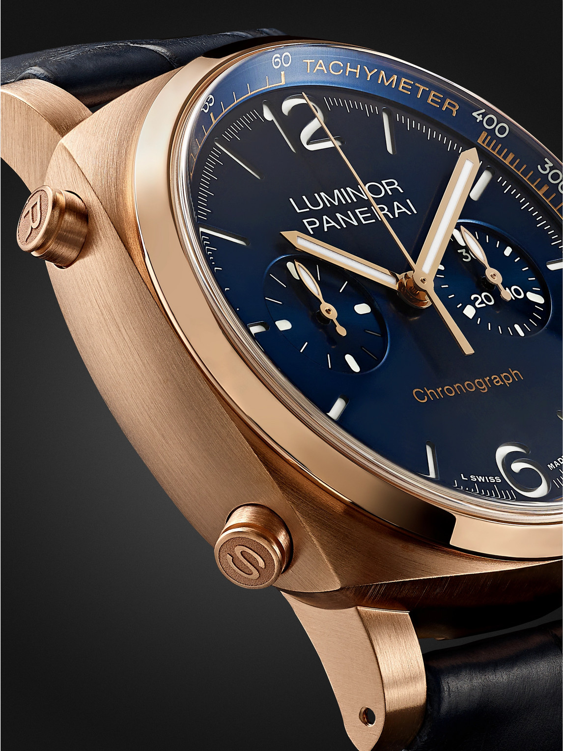 Shop Panerai Luminor Chrono Automatic Chronograph 44mm Goldtech And Alligator Watch, Ref. No. Pam01111 In Blue