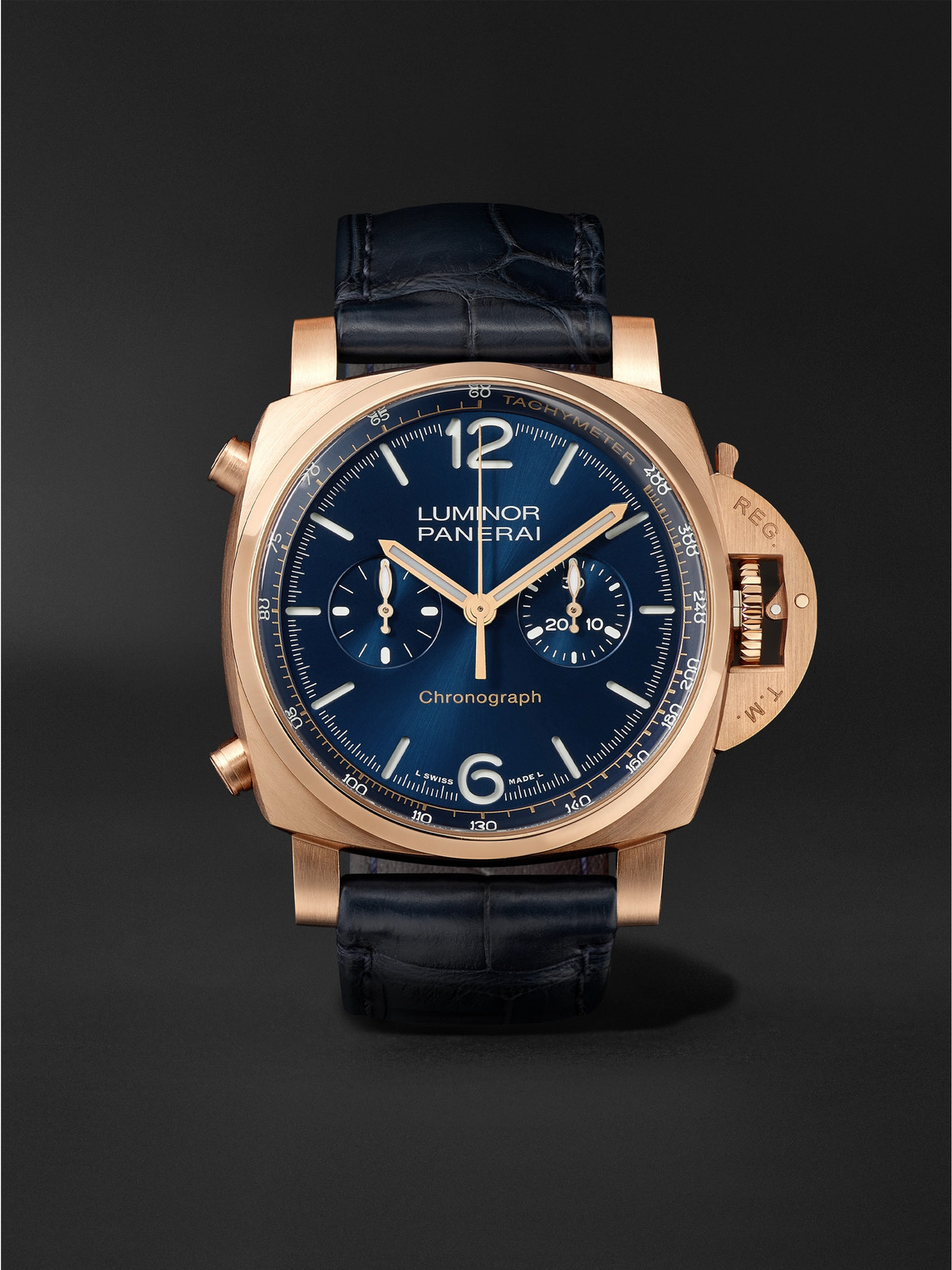 Shop Panerai Luminor Chrono Automatic Chronograph 44mm Goldtech And Alligator Watch, Ref. No. Pam01111 In Blue