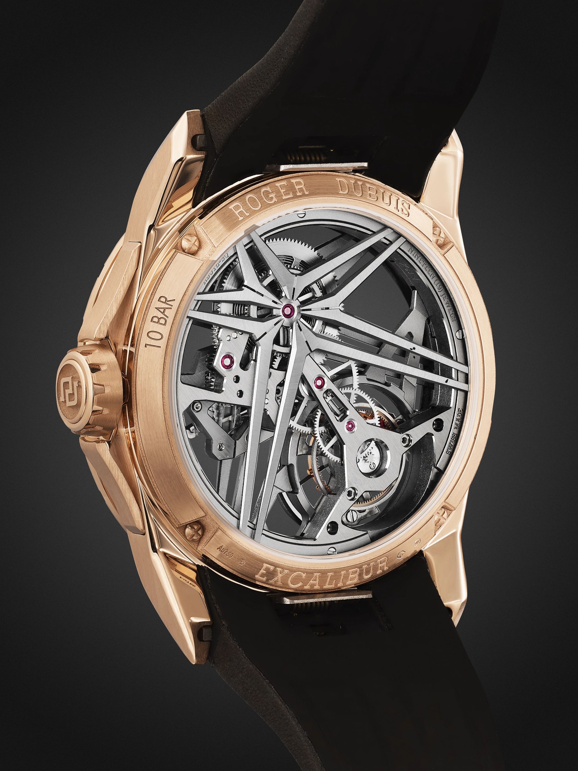 ROGER DUBUIS Excalibur EON Gold Limited Edition Automatic Skeleton Flying Tourbillon 42mm 18-Karat Pink Gold and Leather Watch, Ref. No. DBEX0836