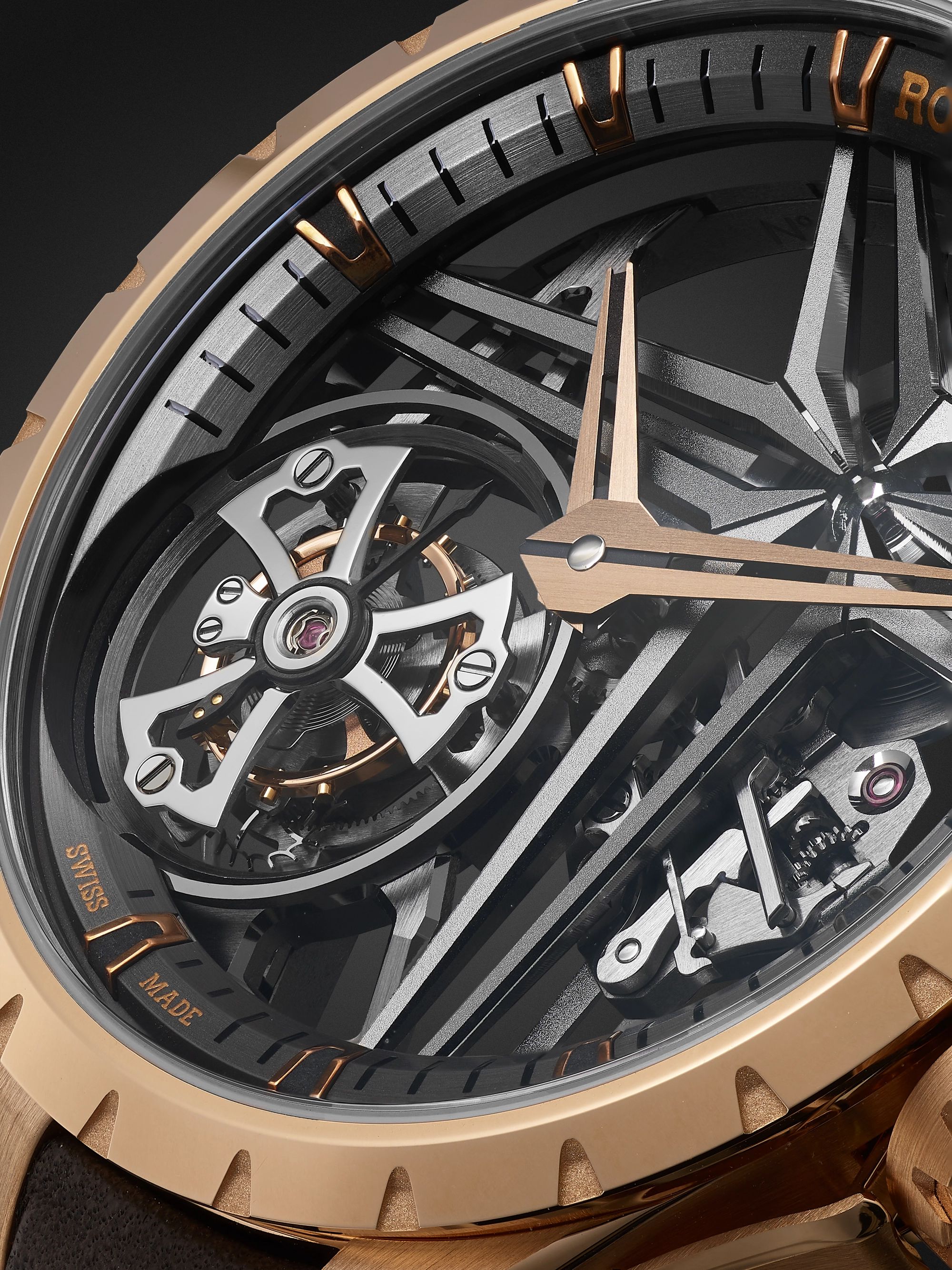 ROGER DUBUIS Excalibur EON Gold Limited Edition Automatic Skeleton Flying Tourbillon 42mm 18-Karat Pink Gold and Leather Watch, Ref. No. DBEX0836