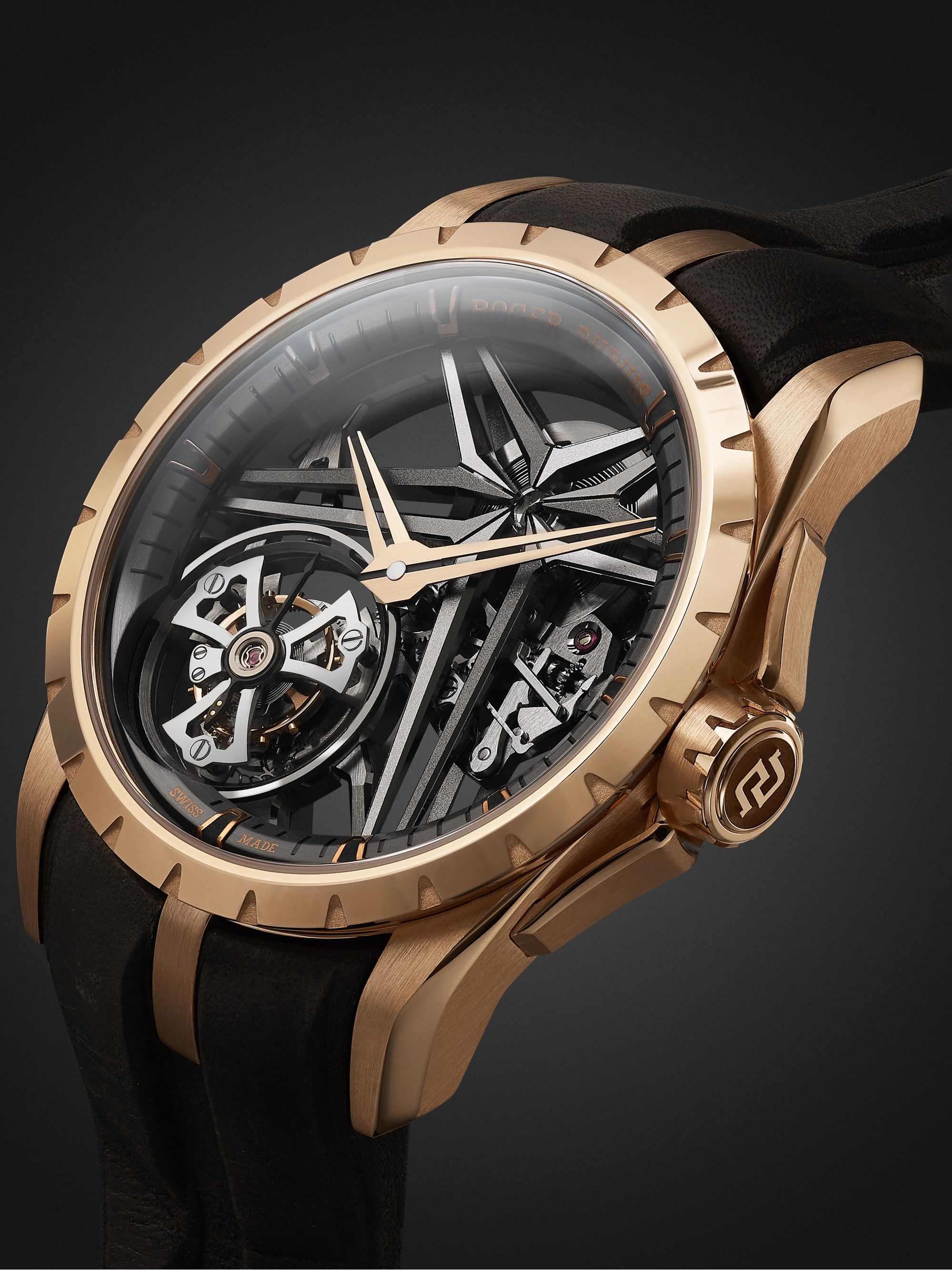 ROGER DUBUIS Excalibur EON Gold Limited Edition Automatic Skeleton Flying Tourbillon 42mm 18-Karat Pink Gold and Leather Watch, Ref. No. DBEX0836