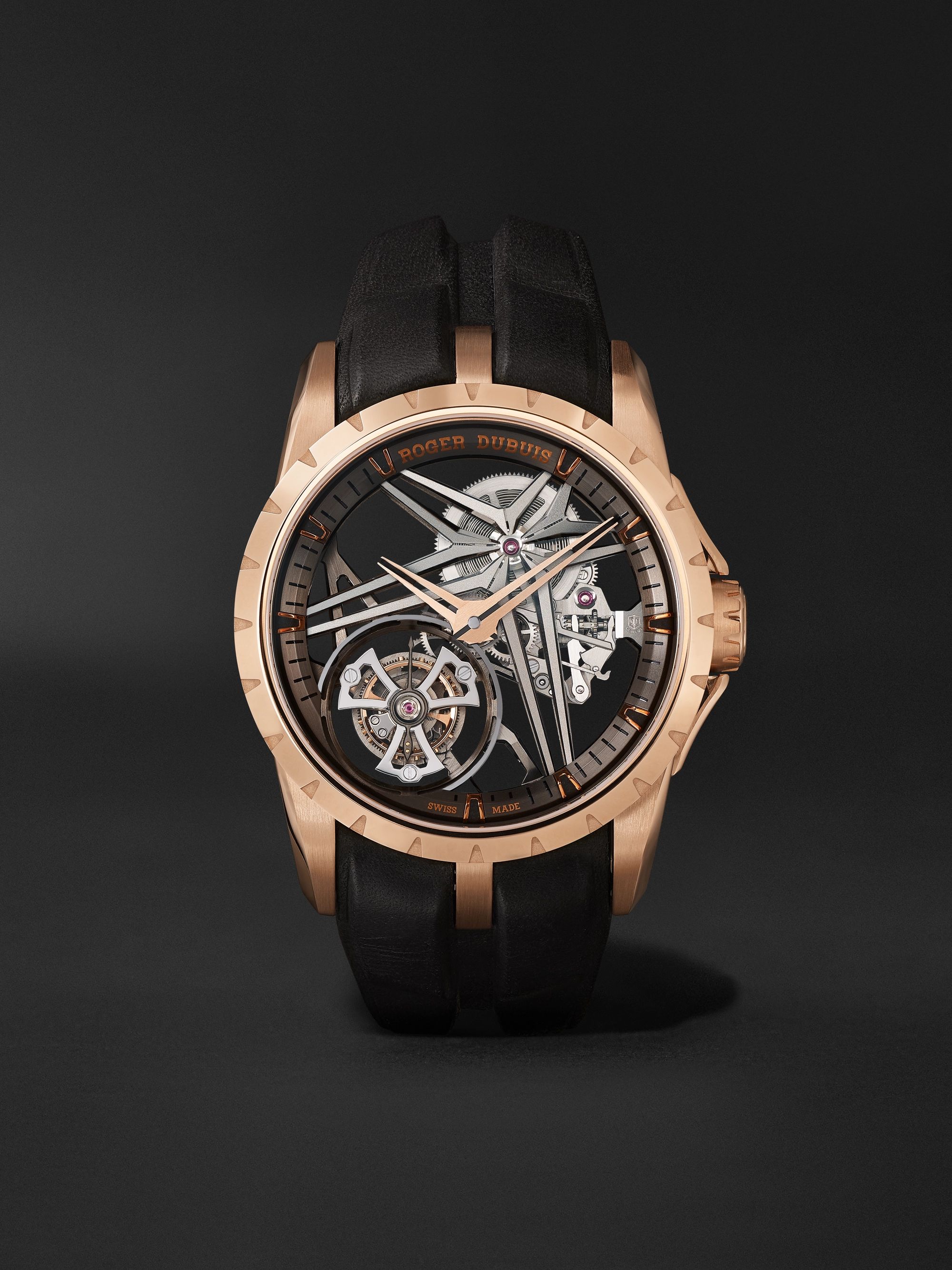 ROGER DUBUIS Excalibur EON Gold Limited Edition Automatic Skeleton Flying Tourbillon 42mm 18-Karat Pink Gold and Leather Watch, Ref. No. DBEX0836