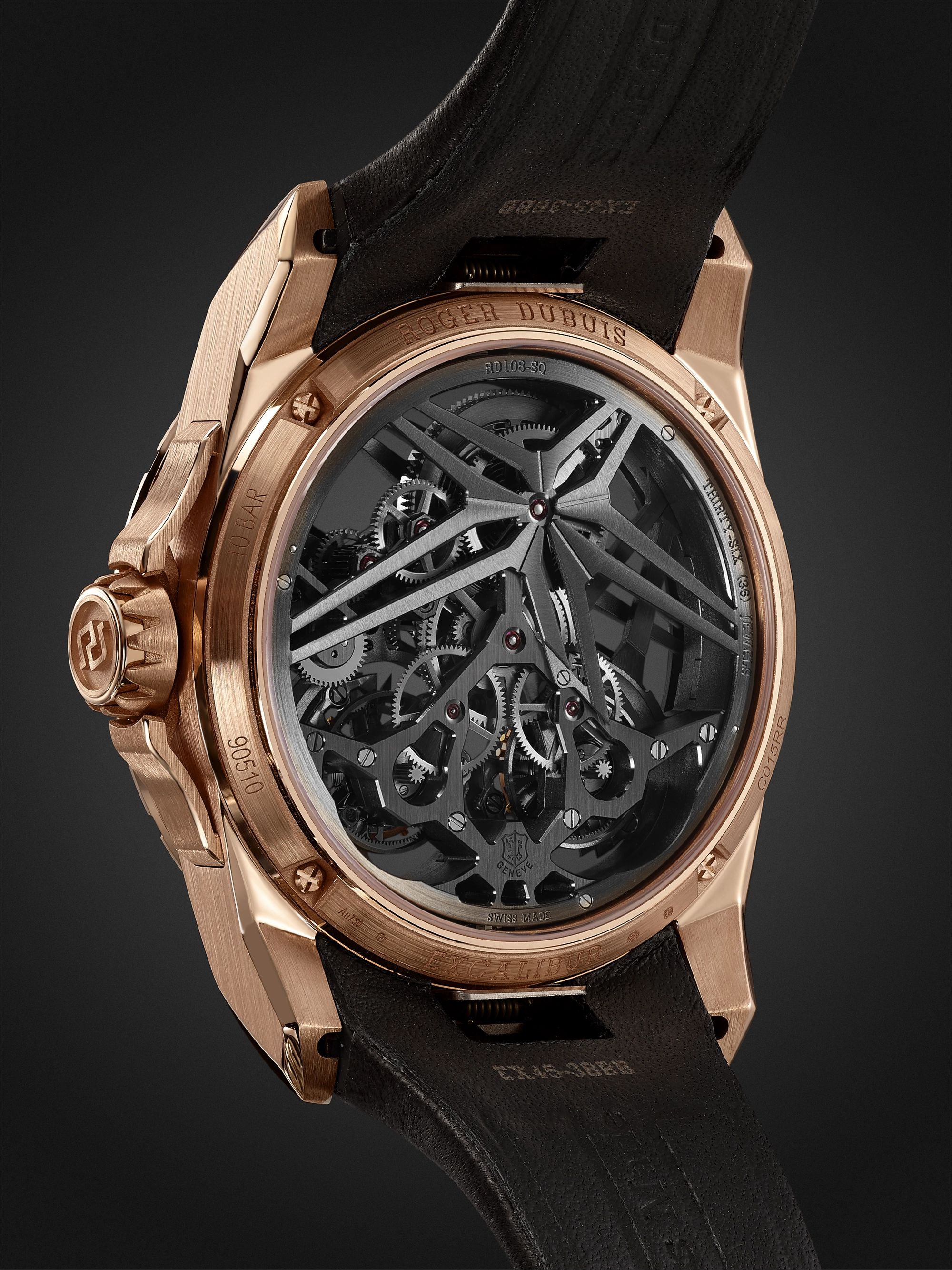 ROGER DUBUIS Excalibur EON Gold Limited Edition Hand-Wound Double Flying Tourbillon 45mm 18-Karat Pink-Gold and Leather Watch, Ref. No. DBEX0818