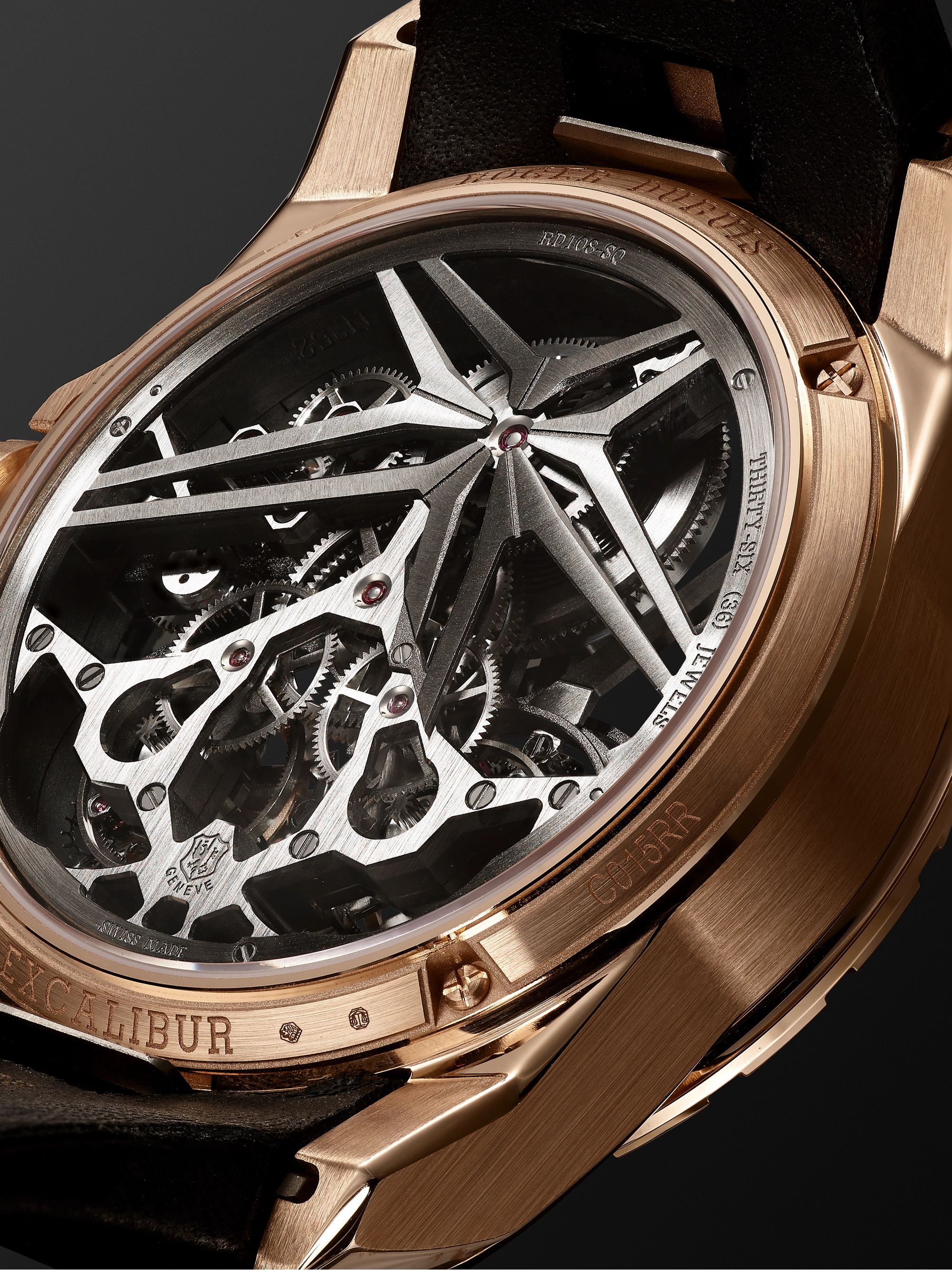 ROGER DUBUIS Excalibur EON Gold Limited Edition Hand-Wound Double Flying Tourbillon 45mm 18-Karat Pink-Gold and Leather Watch, Ref. No. DBEX0818