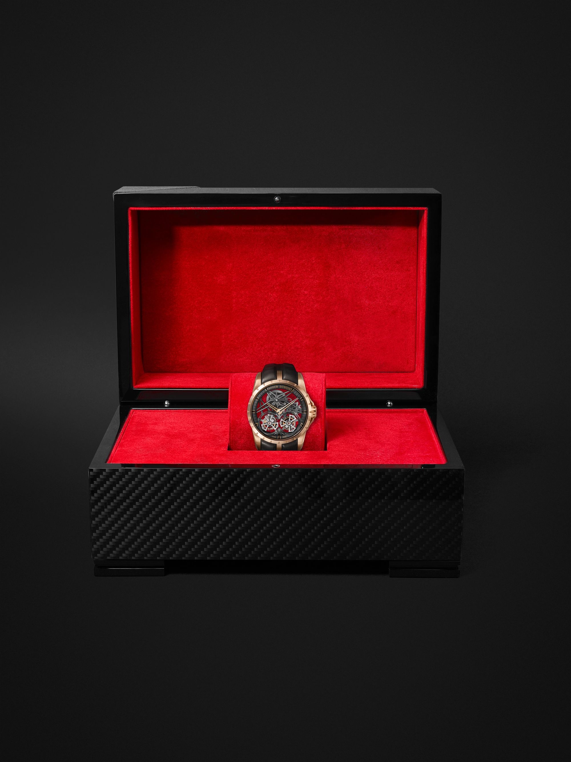ROGER DUBUIS Excalibur EON Gold Limited Edition Hand-Wound Double Flying Tourbillon 45mm 18-Karat Pink-Gold and Leather Watch, Ref. No. DBEX0818