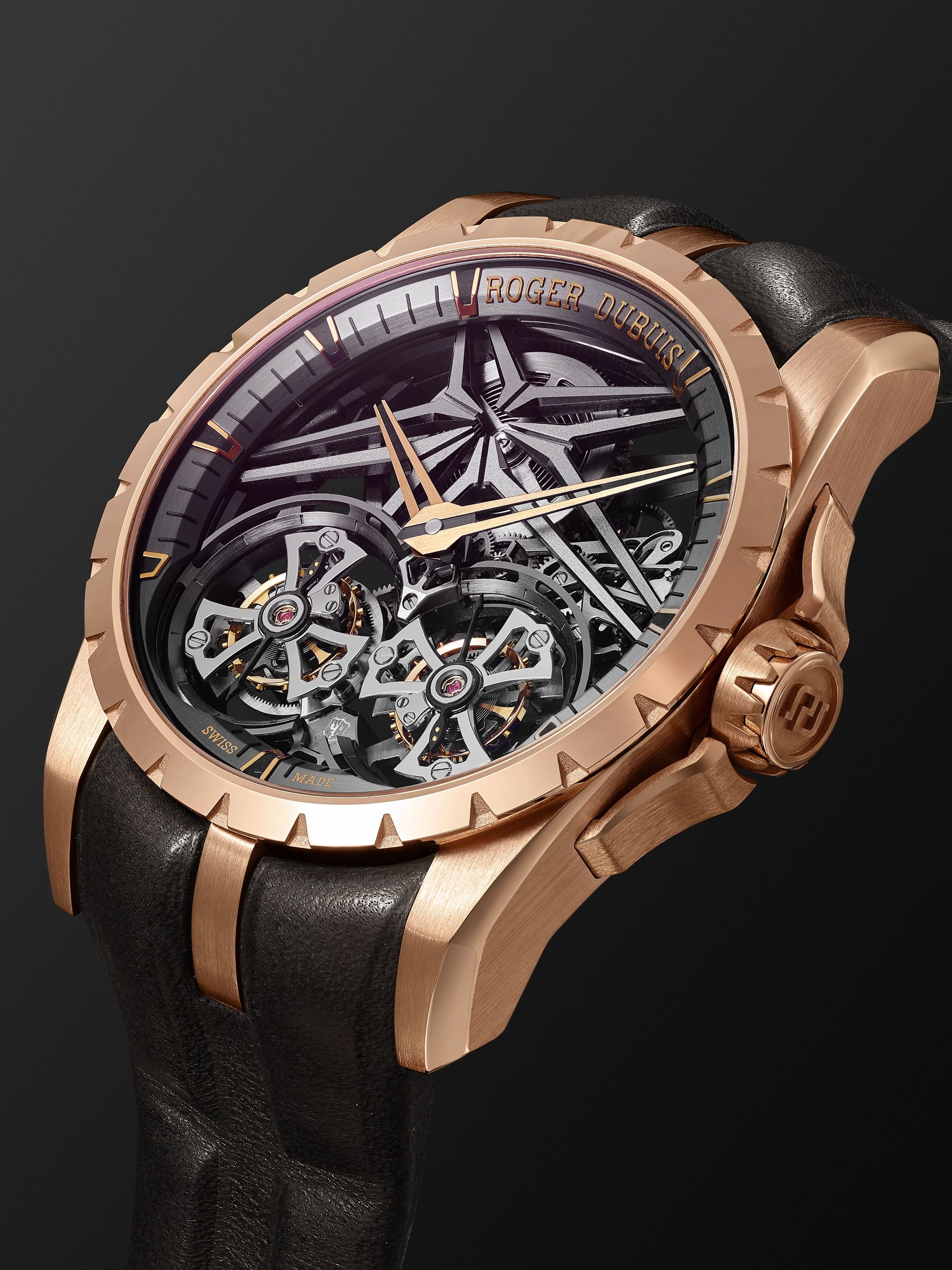 ROGER DUBUIS Excalibur EON Gold Limited Edition Hand-Wound Double Flying Tourbillon 45mm 18-Karat Pink-Gold and Leather Watch, Ref. No. DBEX0818