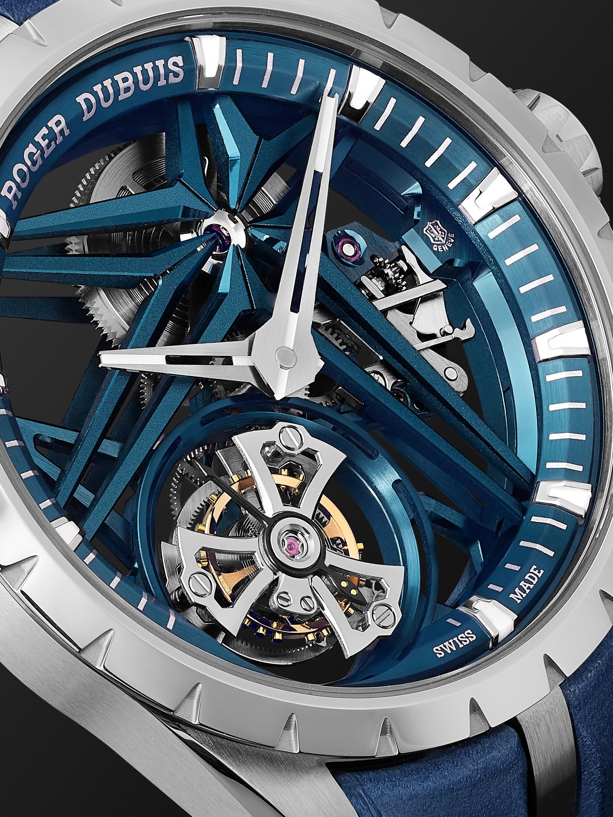 ROGER DUBUIS Excalibur Cobalt Blue Limited Edition Flying Tourbillon Hand-Wound 42mm CarTech Micro-Melt BioDur CCMTM and Leather Watch, Ref. No. DBEX0838