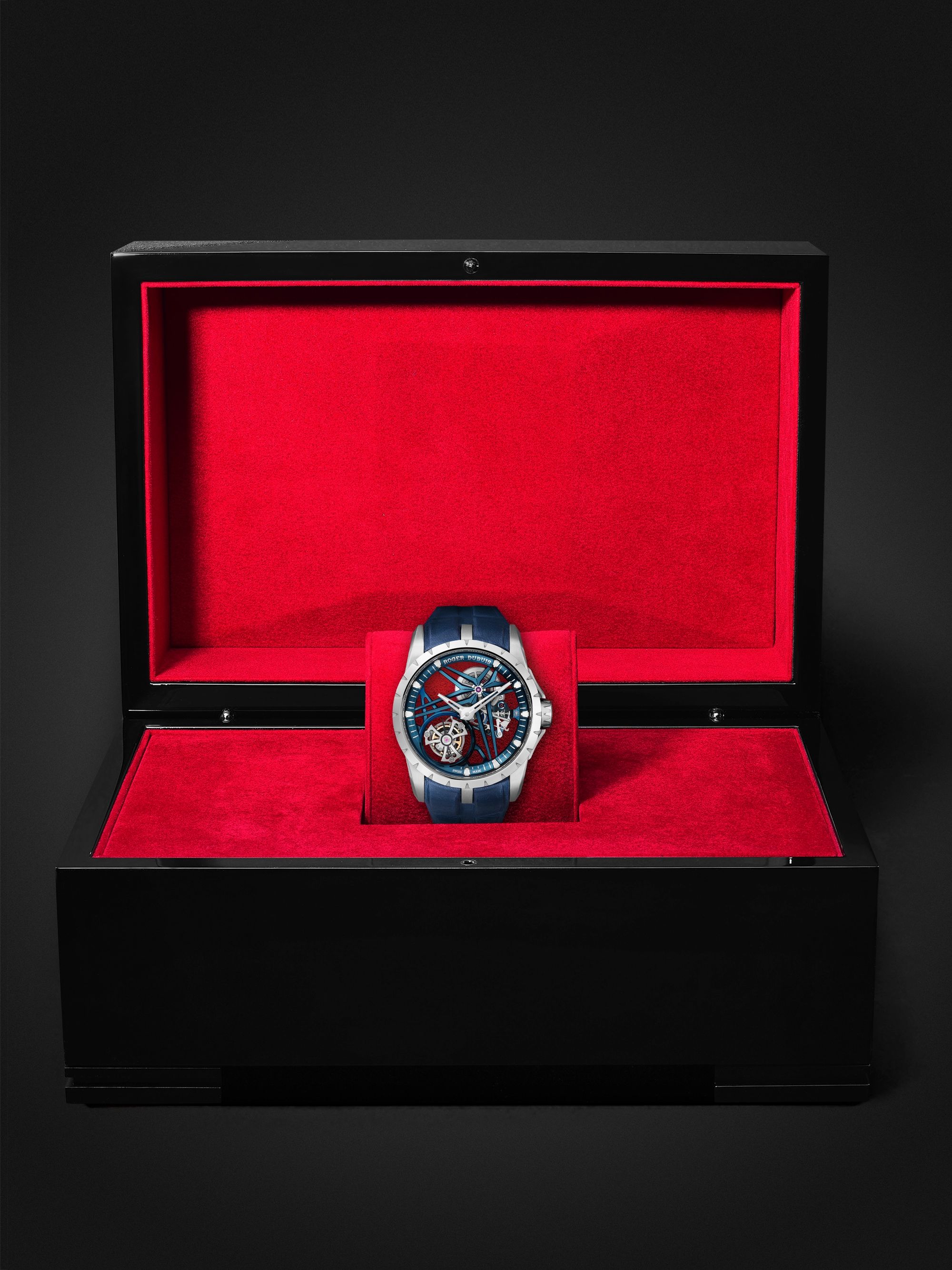 ROGER DUBUIS Excalibur Cobalt Blue Limited Edition Flying Tourbillon Hand-Wound 42mm CarTech Micro-Melt BioDur CCMTM and Leather Watch, Ref. No. DBEX0838