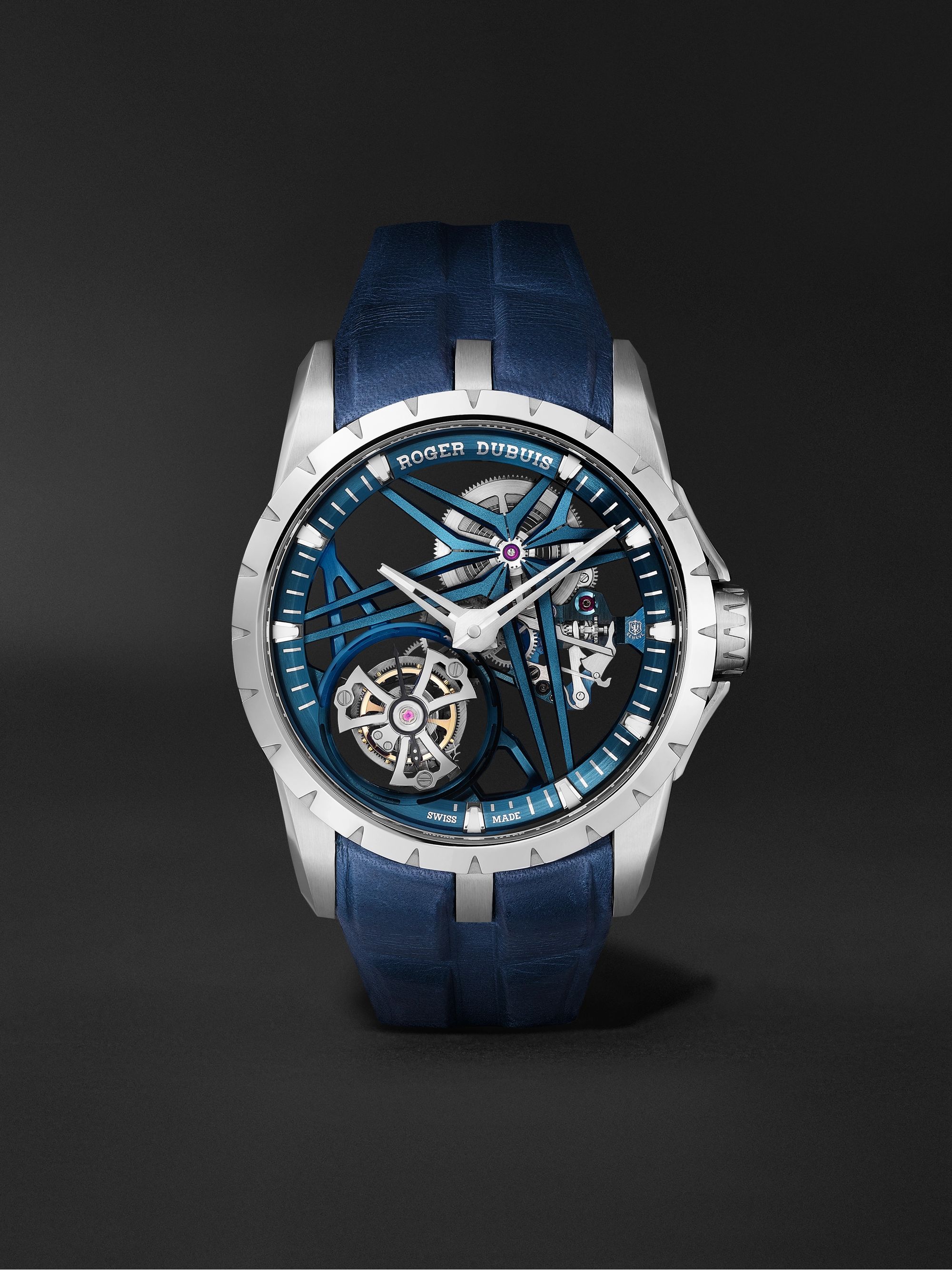 ROGER DUBUIS Excalibur Cobalt Blue Limited Edition Flying Tourbillon Hand-Wound 42mm CarTech Micro-Melt BioDur CCMTM and Leather Watch, Ref. No. DBEX0838