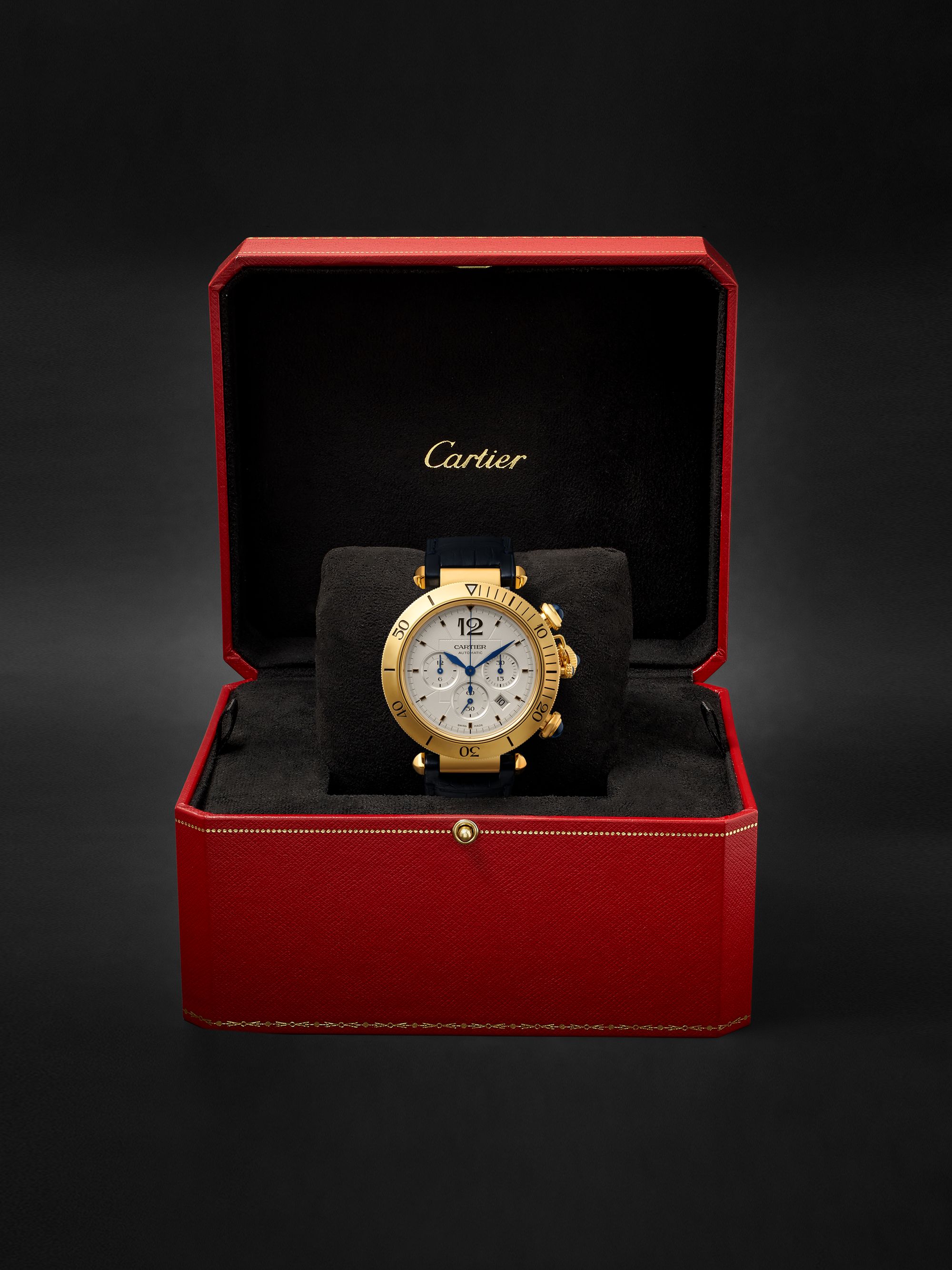CARTIER Pasha de Cartier Automatic Chronograph 41mm 18-Karat Gold and Alligator Watch, Ref. No. WGPA0017