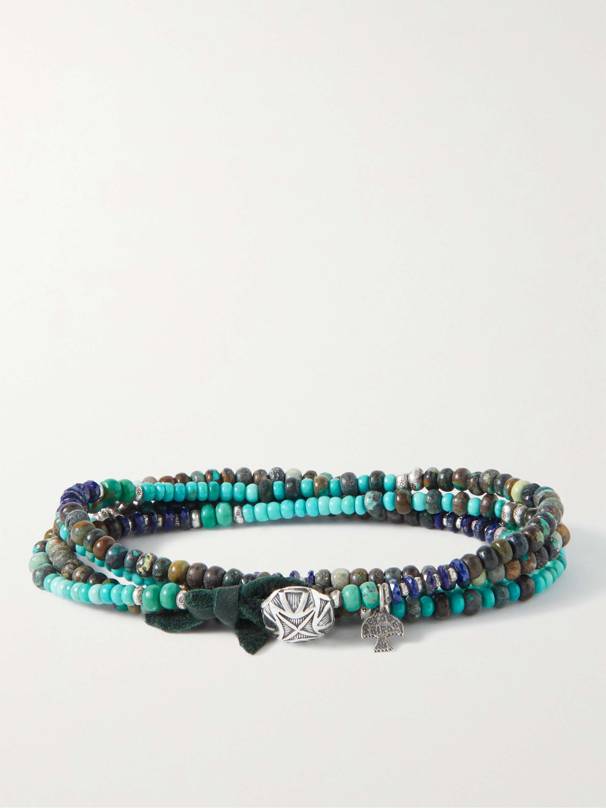 PEYOTE BIRD Gila Sterling Silver and Leather Turquoise and Lapis Lazuli Beaded Wrap Bracelet