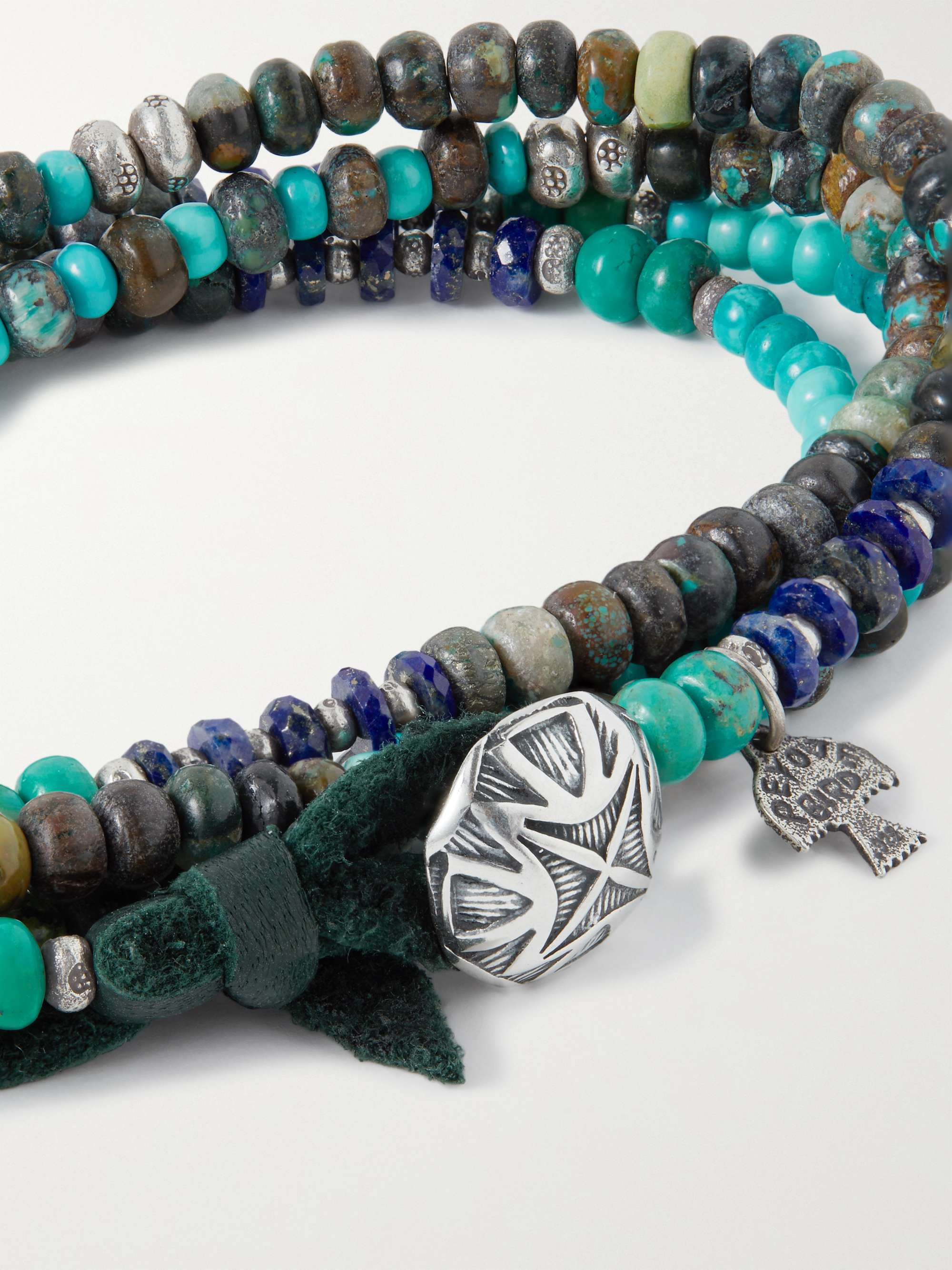 PEYOTE BIRD Gila Sterling Silver and Leather Turquoise and Lapis Lazuli Beaded Wrap Bracelet