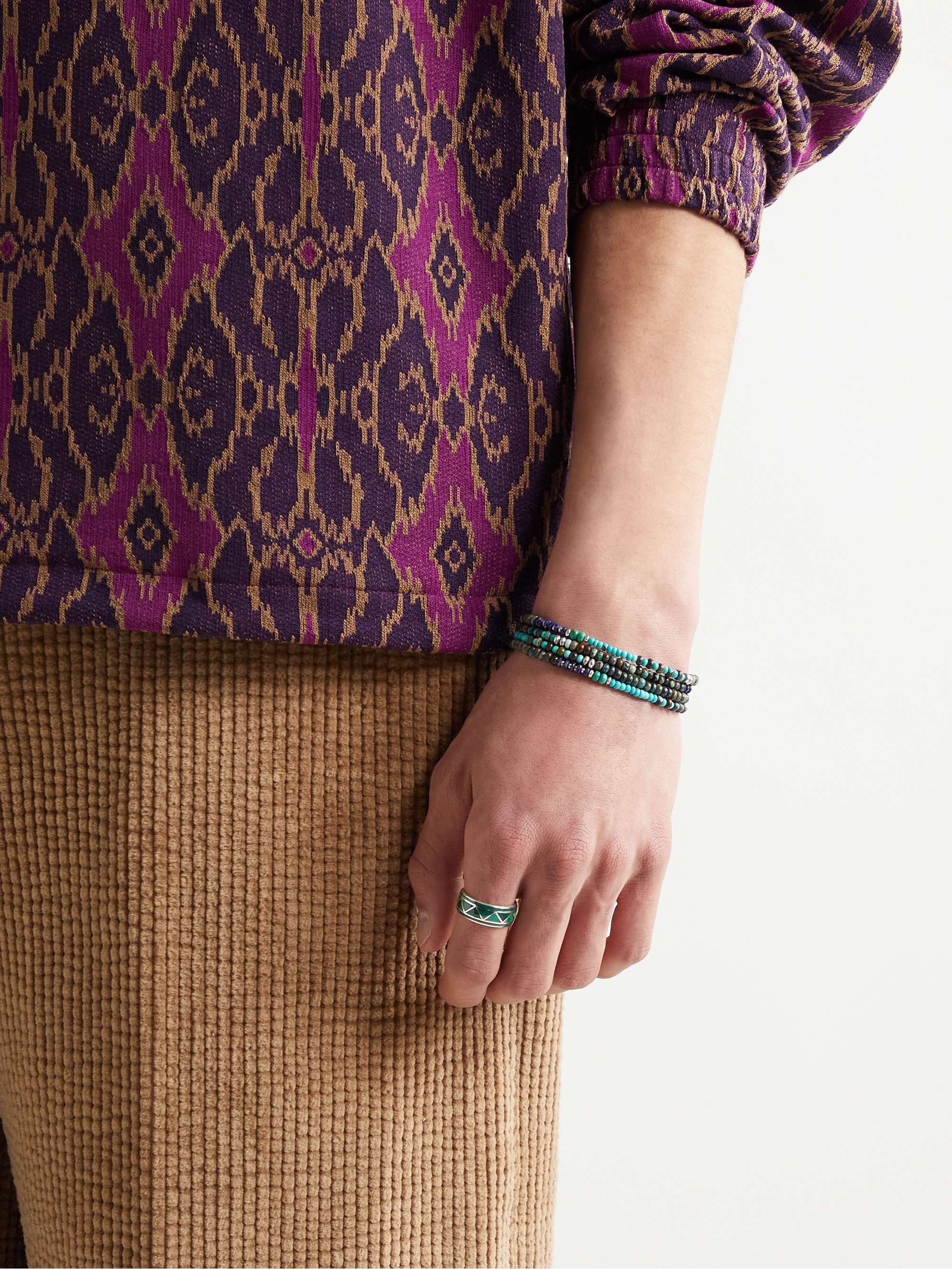 PEYOTE BIRD Gila Sterling Silver and Leather Turquoise and Lapis Lazuli Beaded Wrap Bracelet