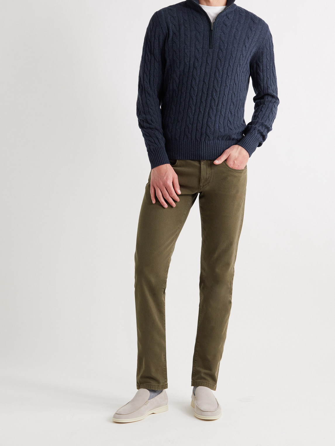 Shop Loro Piana Suede-trimmed Cable-knit Baby Cashmere Half-zip Sweater In Blue