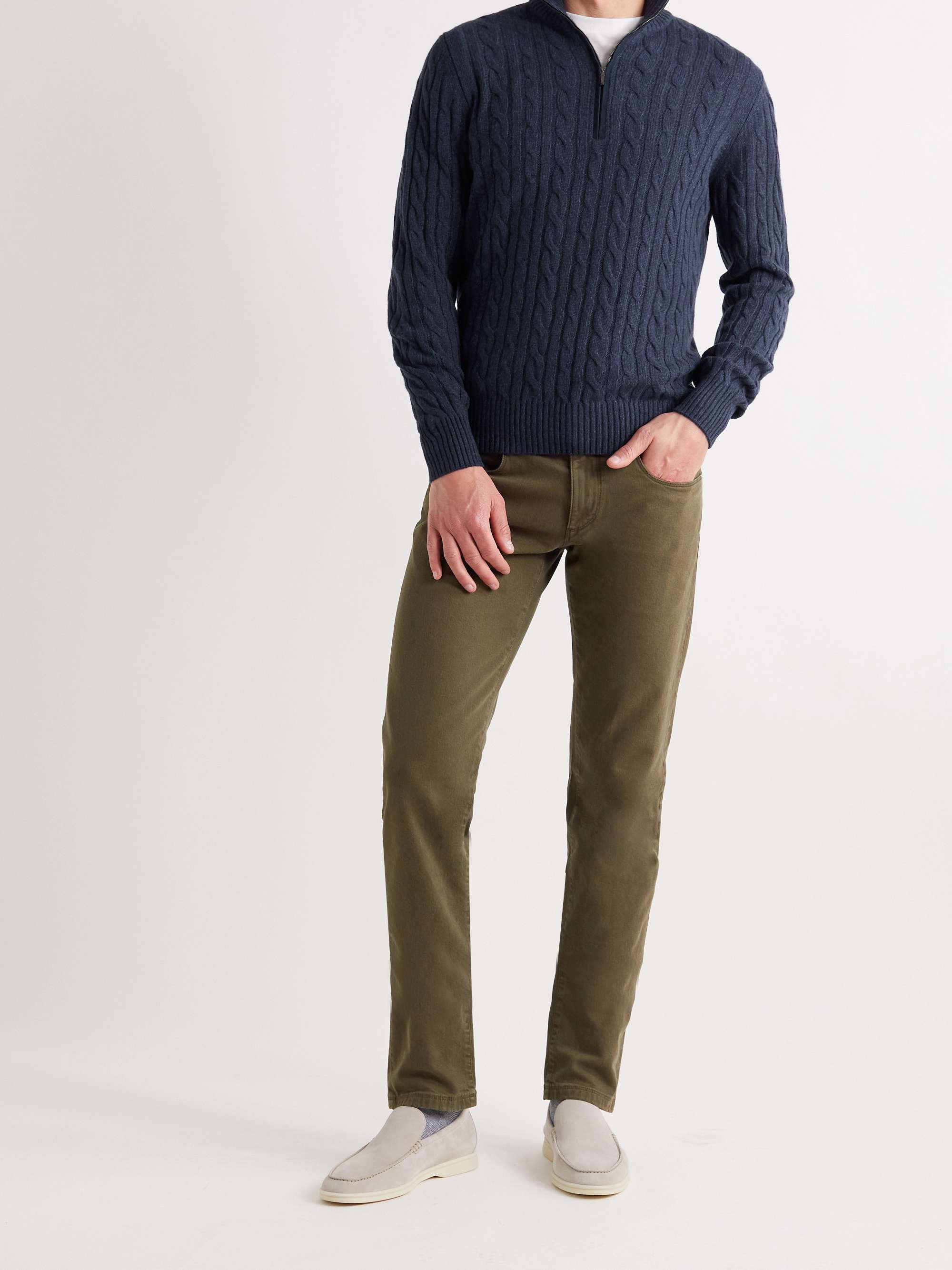 LORO PIANA Suede-Trimmed Cable-Knit Baby Cashmere Half-Zip Sweater