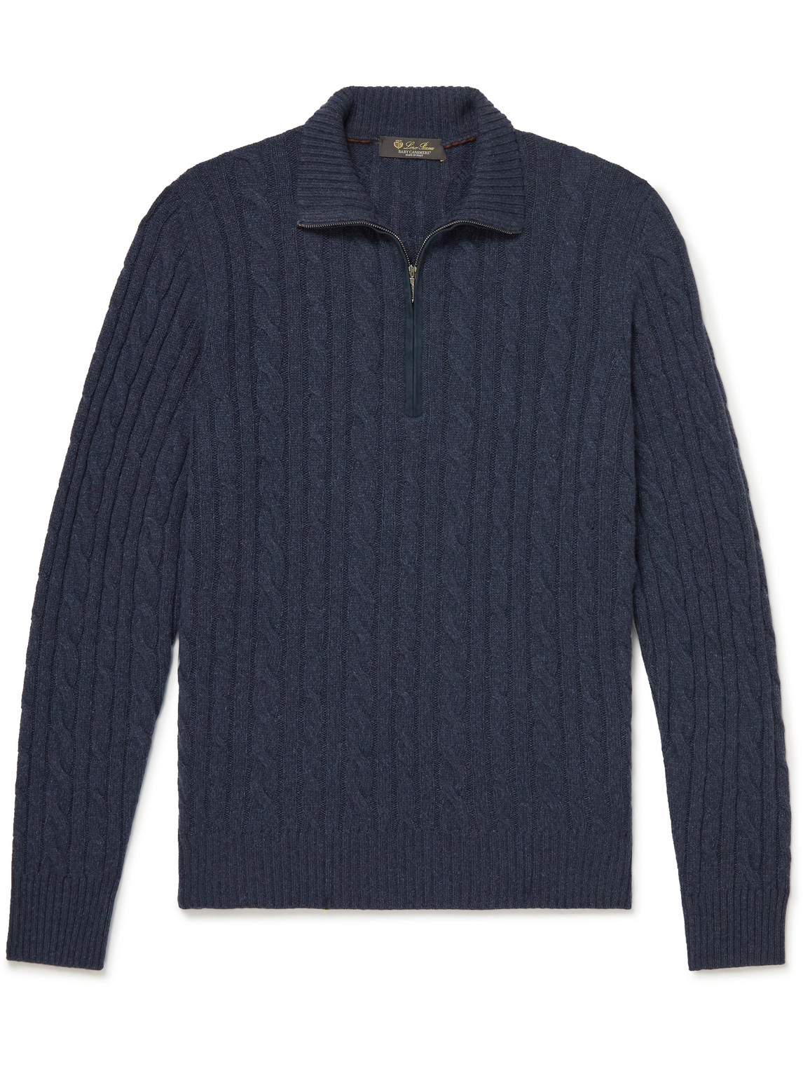 Shop Loro Piana Suede-trimmed Cable-knit Baby Cashmere Half-zip Sweater In Blue