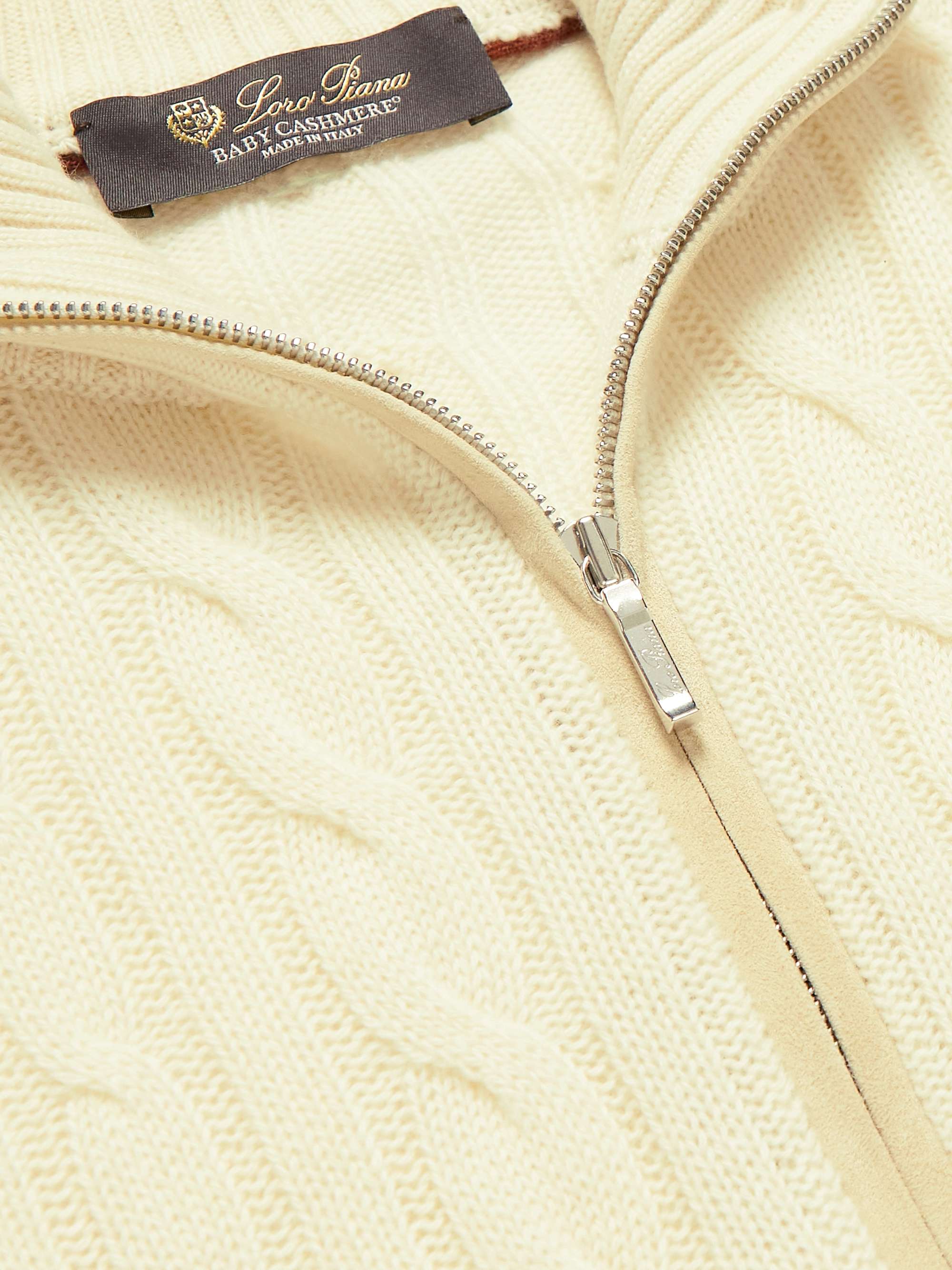 LORO PIANA Suede-Trimmed Cable-Knit Baby Cashmere Half-Zip Sweater