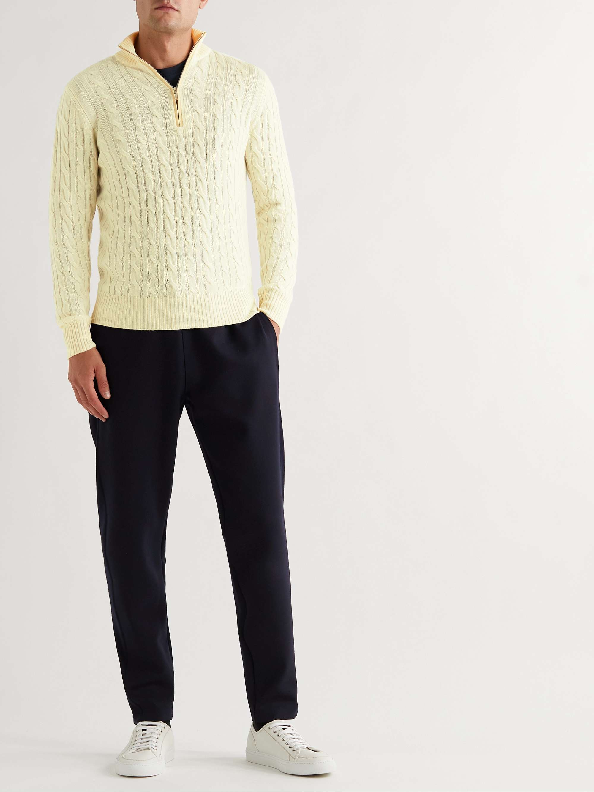 LORO PIANA Suede-Trimmed Cable-Knit Baby Cashmere Half-Zip Sweater