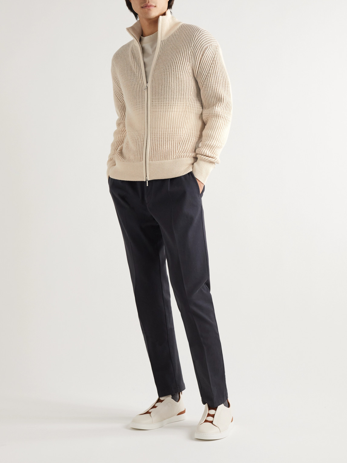 Shop Loro Piana Ribbed Cashmere And Wool-blend Zip-up Cardigan In Neutrals