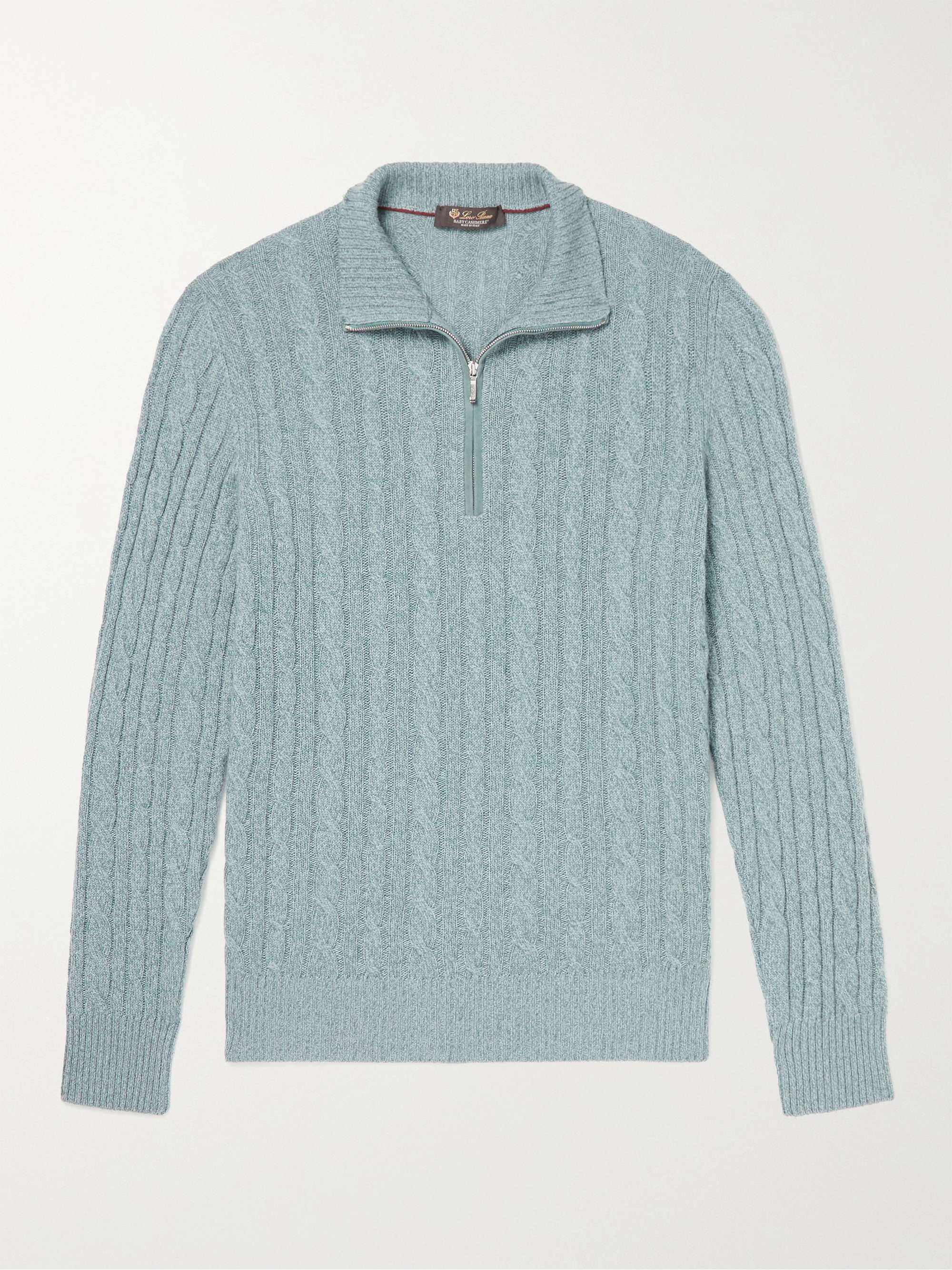 LORO PIANA Suede Trimmed Cable Knit Baby Cashmere Half Zip Sweater