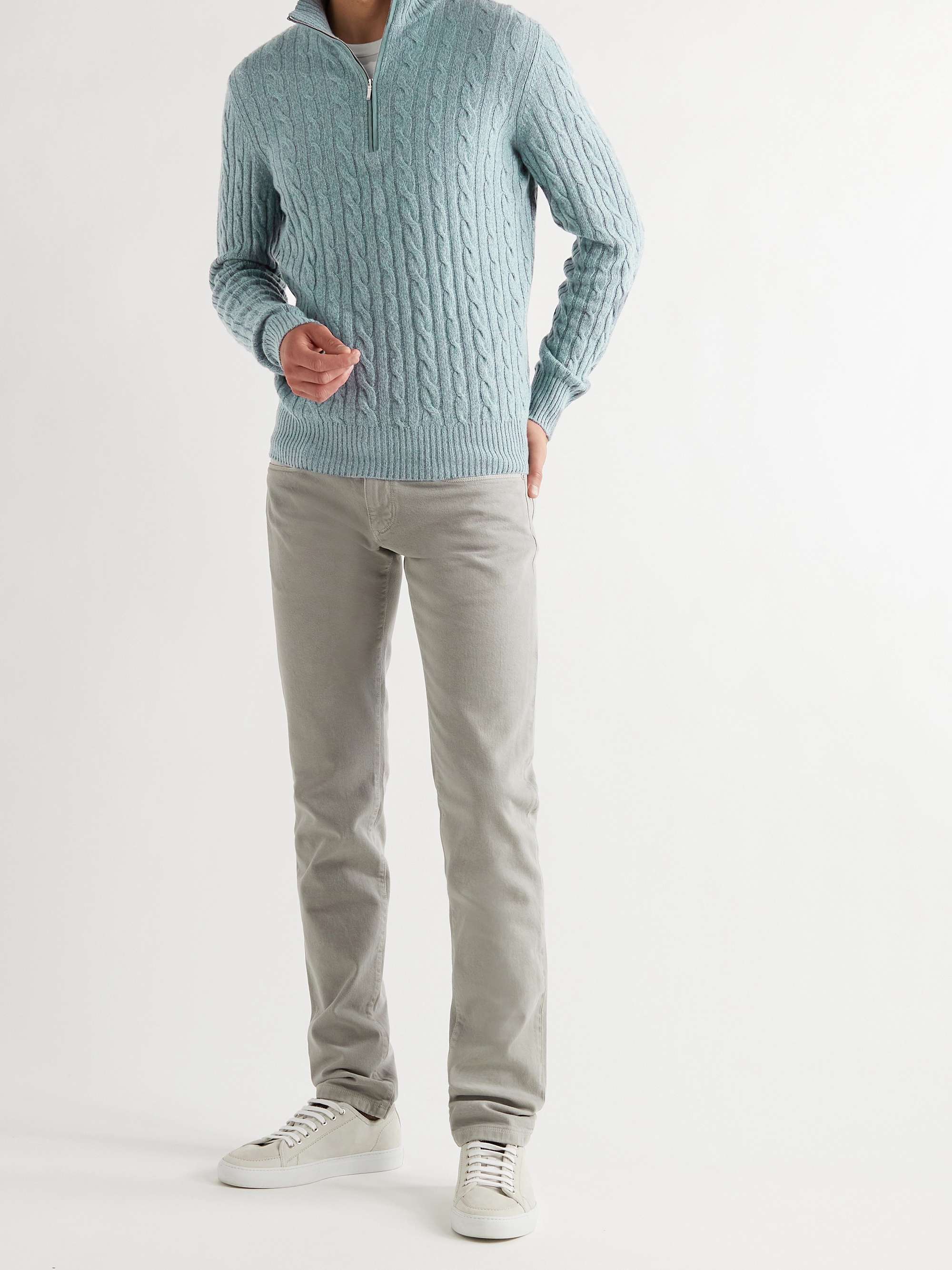 LORO PIANA Suede-Trimmed Cable-Knit Baby Cashmere Half-Zip Sweater