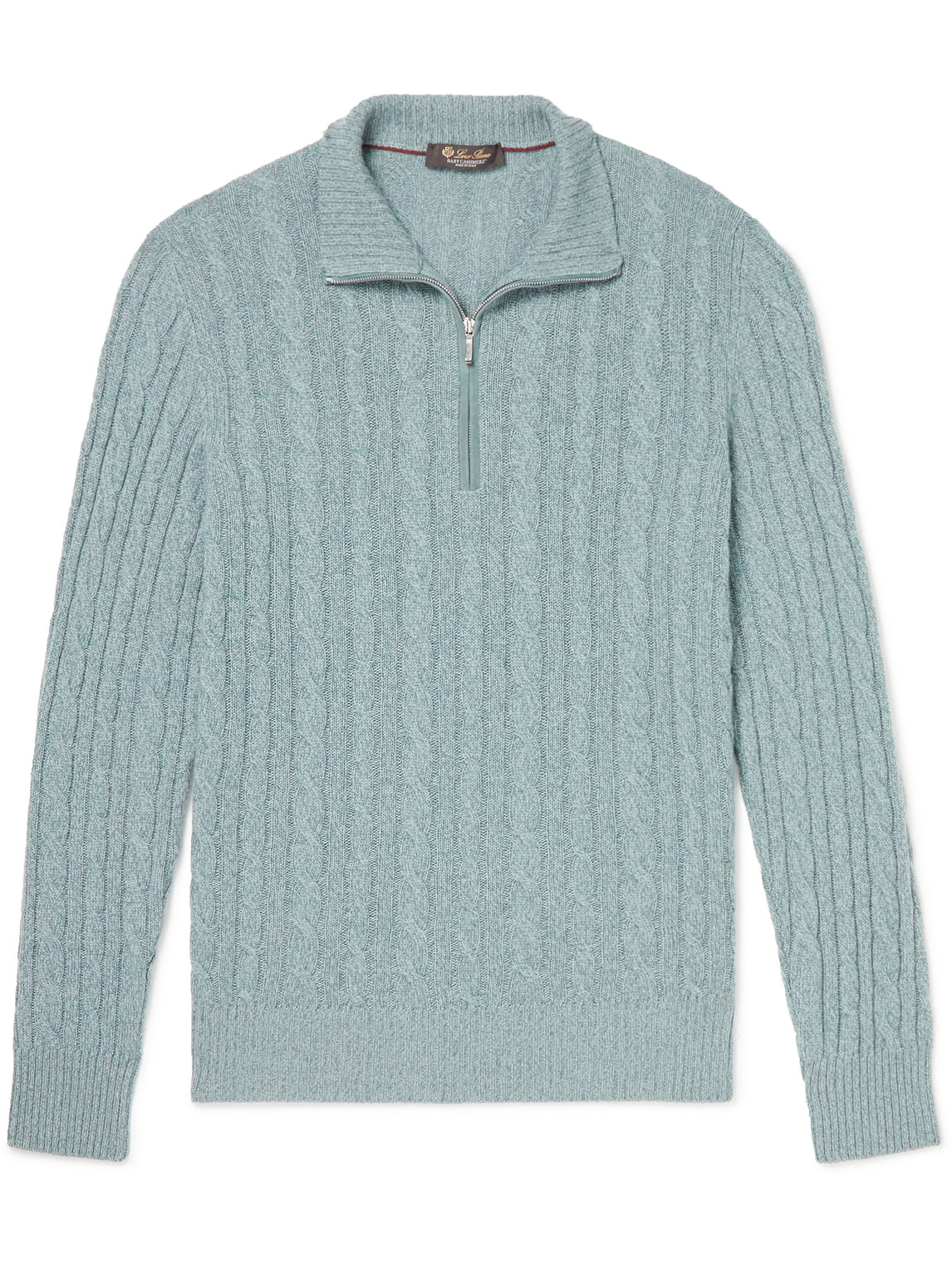 LORO PIANA SUEDE-TRIMMED CABLE-KNIT BABY CASHMERE HALF-ZIP SWEATER