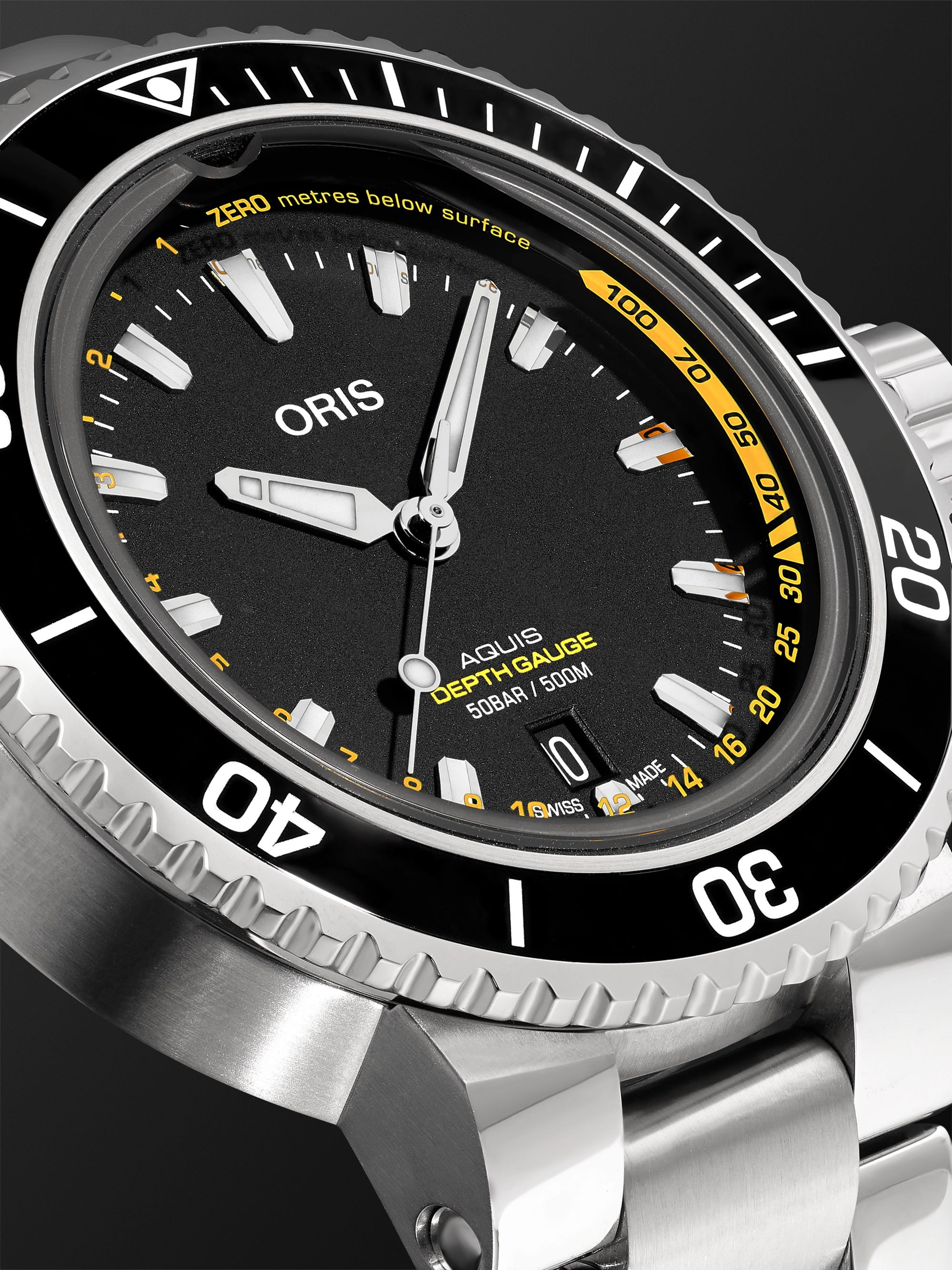 ORIS ساعة Aquis Depth Gauge الأوتوماتيكية من الفولاذ المقاوم للصدأ بقُطر 45.8 مم، الرقم المرجعي. ‎01 733 7755 4154-Set MB