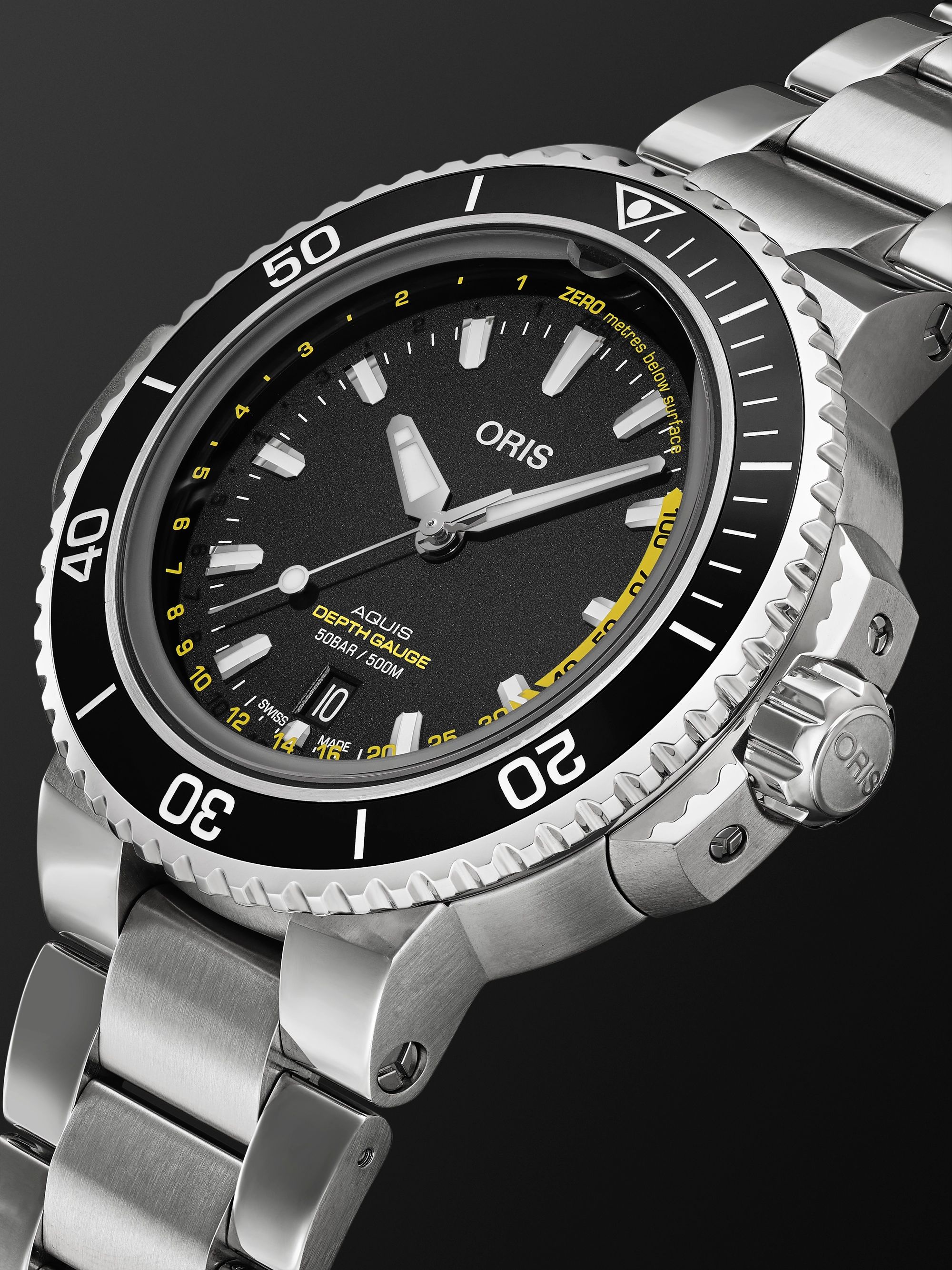 ORIS ساعة Aquis Depth Gauge الأوتوماتيكية من الفولاذ المقاوم للصدأ بقُطر 45.8 مم، الرقم المرجعي. ‎01 733 7755 4154-Set MB