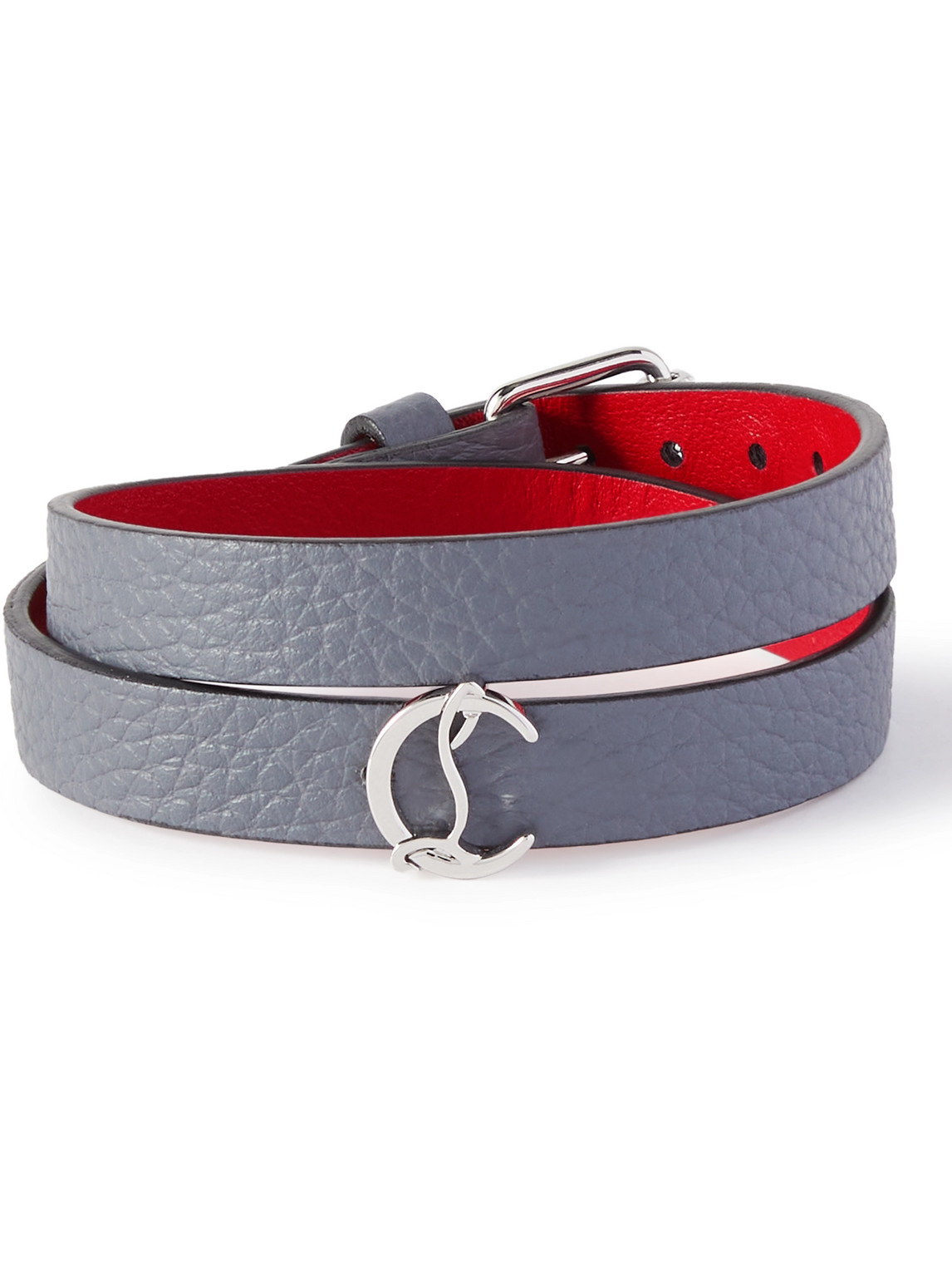 Christian Louboutin Silver-tone And Full-grain Leather Wrap Bracelet In Gray