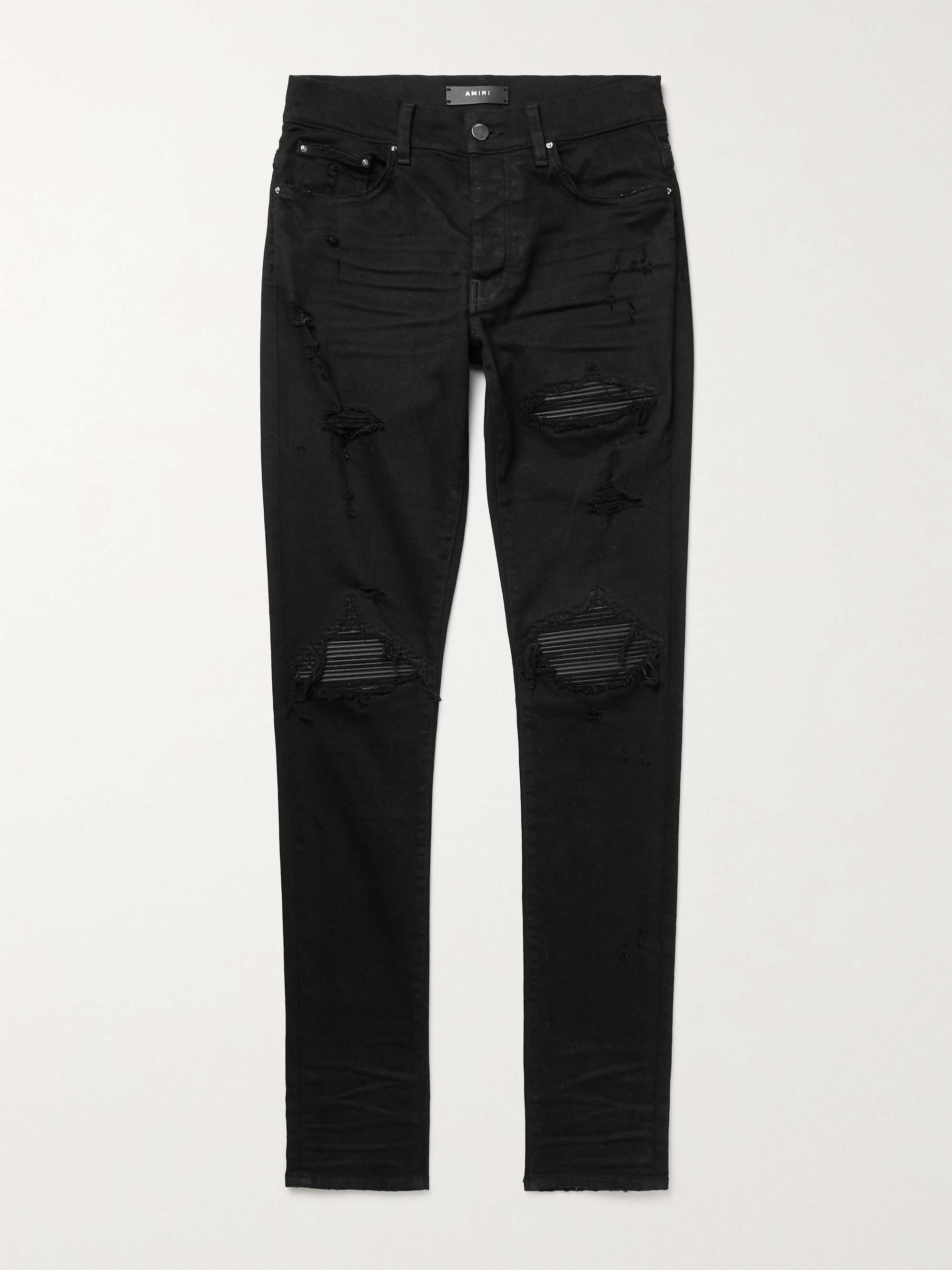 AMIRI MX1 Skinny-Fit Distressed Leather-Panelled Jeans for Men | MR PORTER