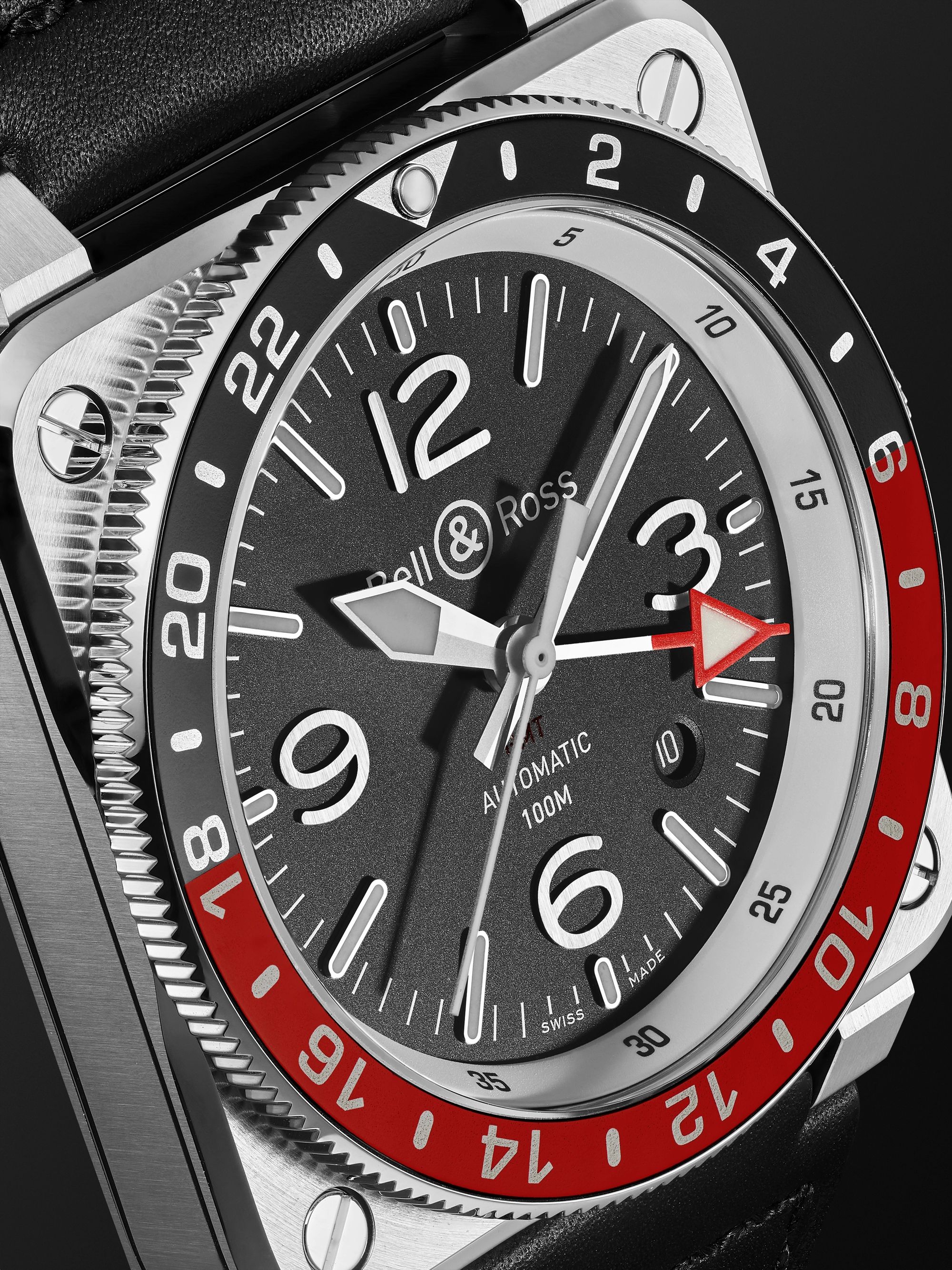 BELL & ROSS BR 03-93 GMT Automatic 42mm Stainless Steel and Leather Watch, Ref. No. BR0393-BL-ST/SCA