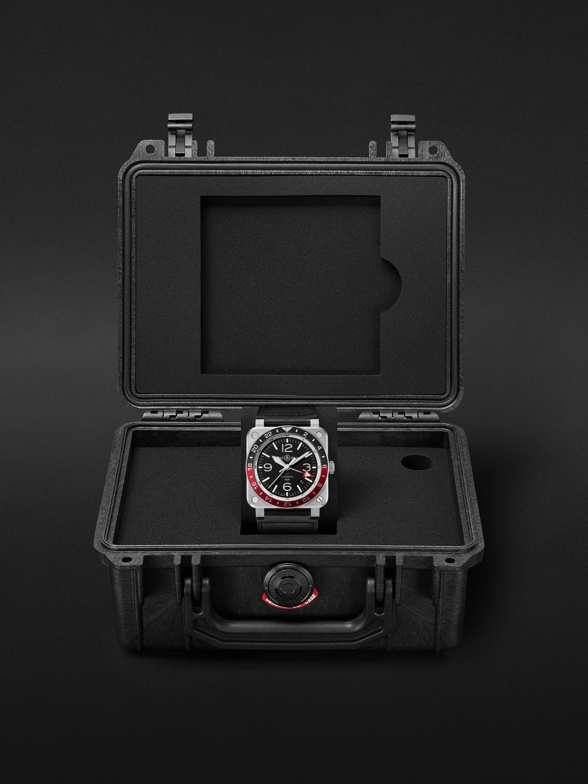 BELL & ROSS BR 03-93 GMT Automatic 42mm Stainless Steel and Leather Watch, Ref. No. BR0393-BL-ST/SCA