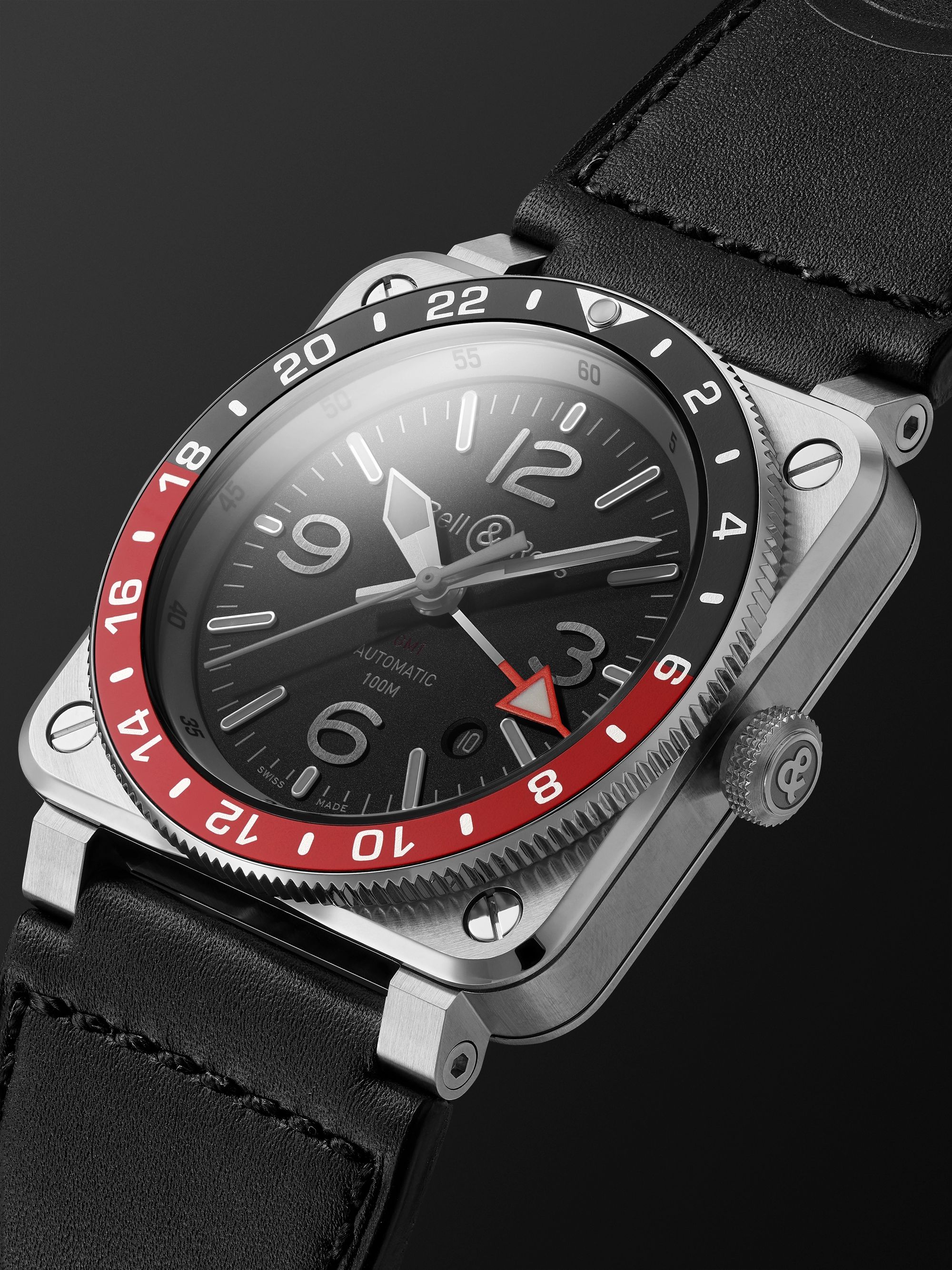 BELL & ROSS BR 03-93 GMT Automatic 42mm Stainless Steel and Leather Watch, Ref. No. BR0393-BL-ST/SCA