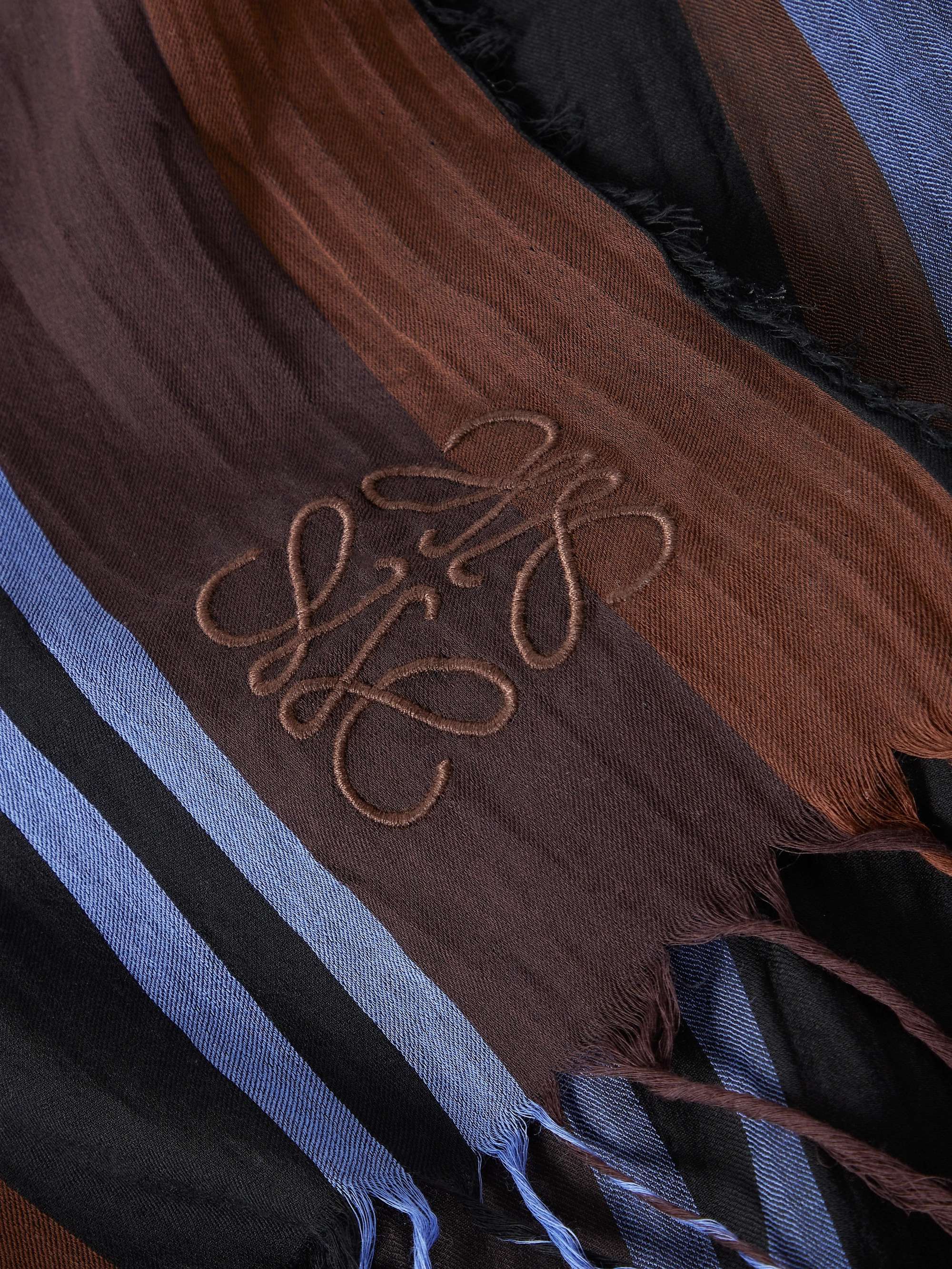 LOEWE Fringed Logo-Embroidered Striped Cotton-Voile Blanket