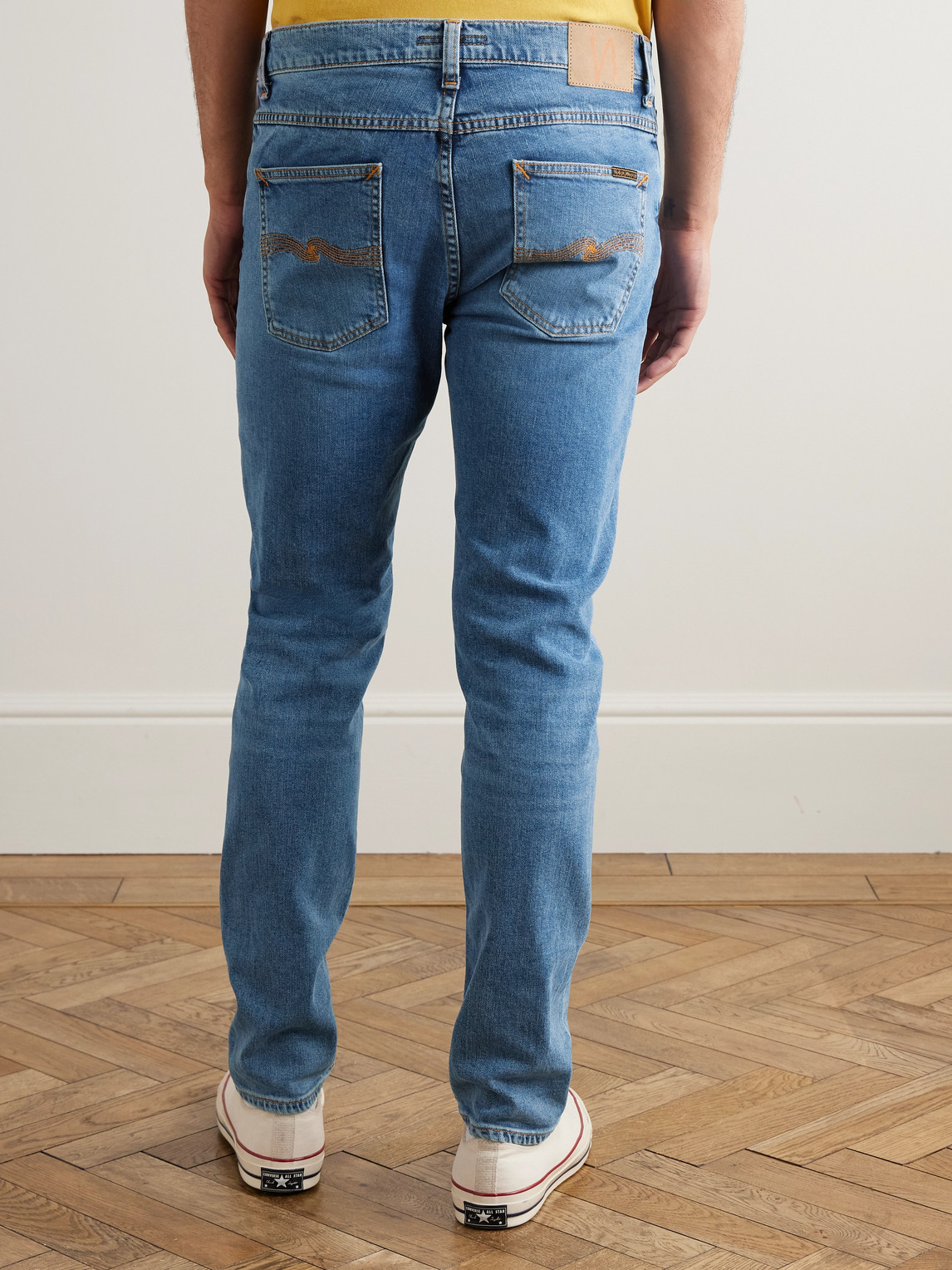 Shop Nudie Jeans Lean Dean Slim-fit Tapered Organic Stretch-denim Jeans In Blue