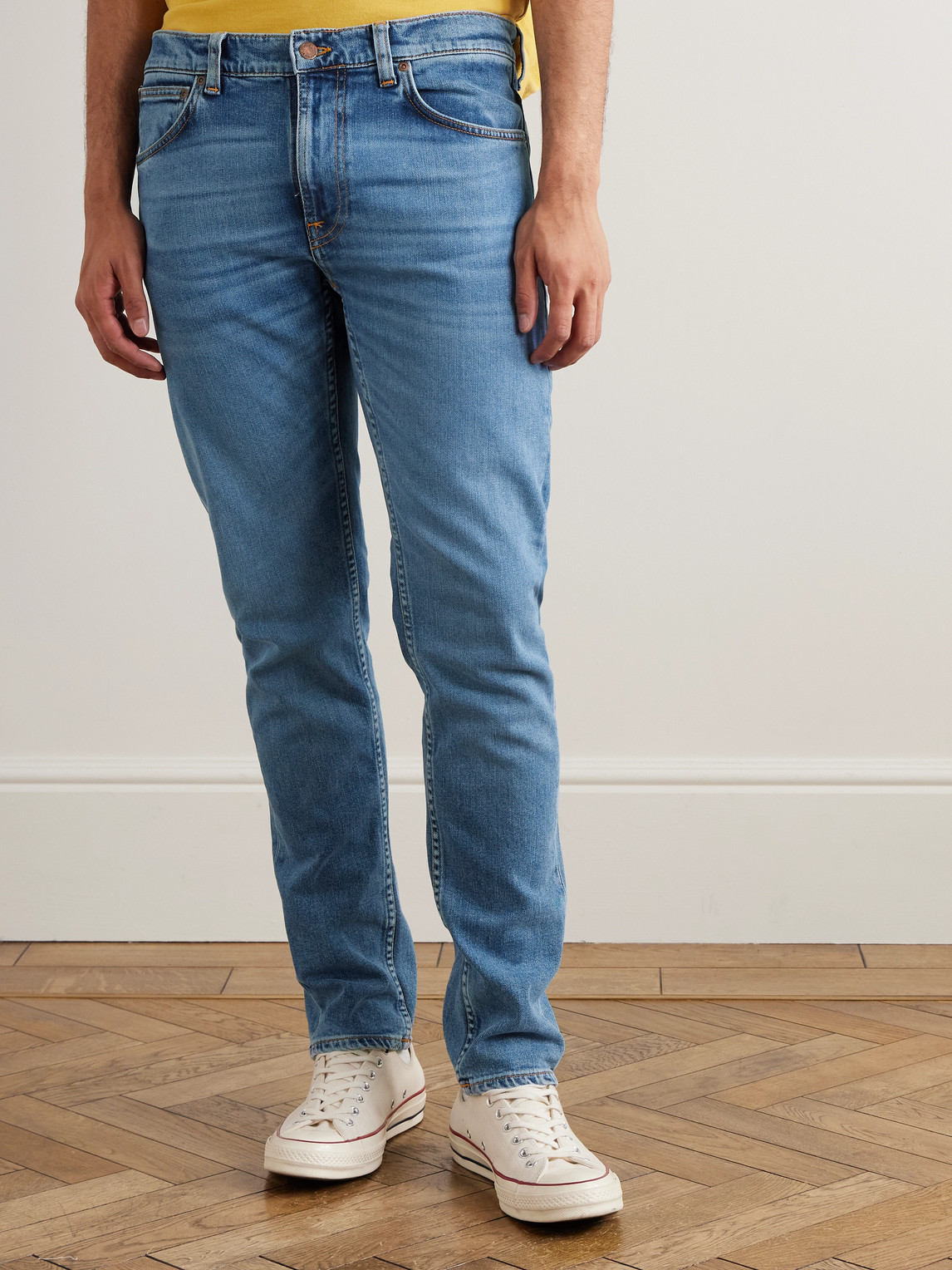 Shop Nudie Jeans Lean Dean Slim-fit Tapered Organic Stretch-denim Jeans In Blue