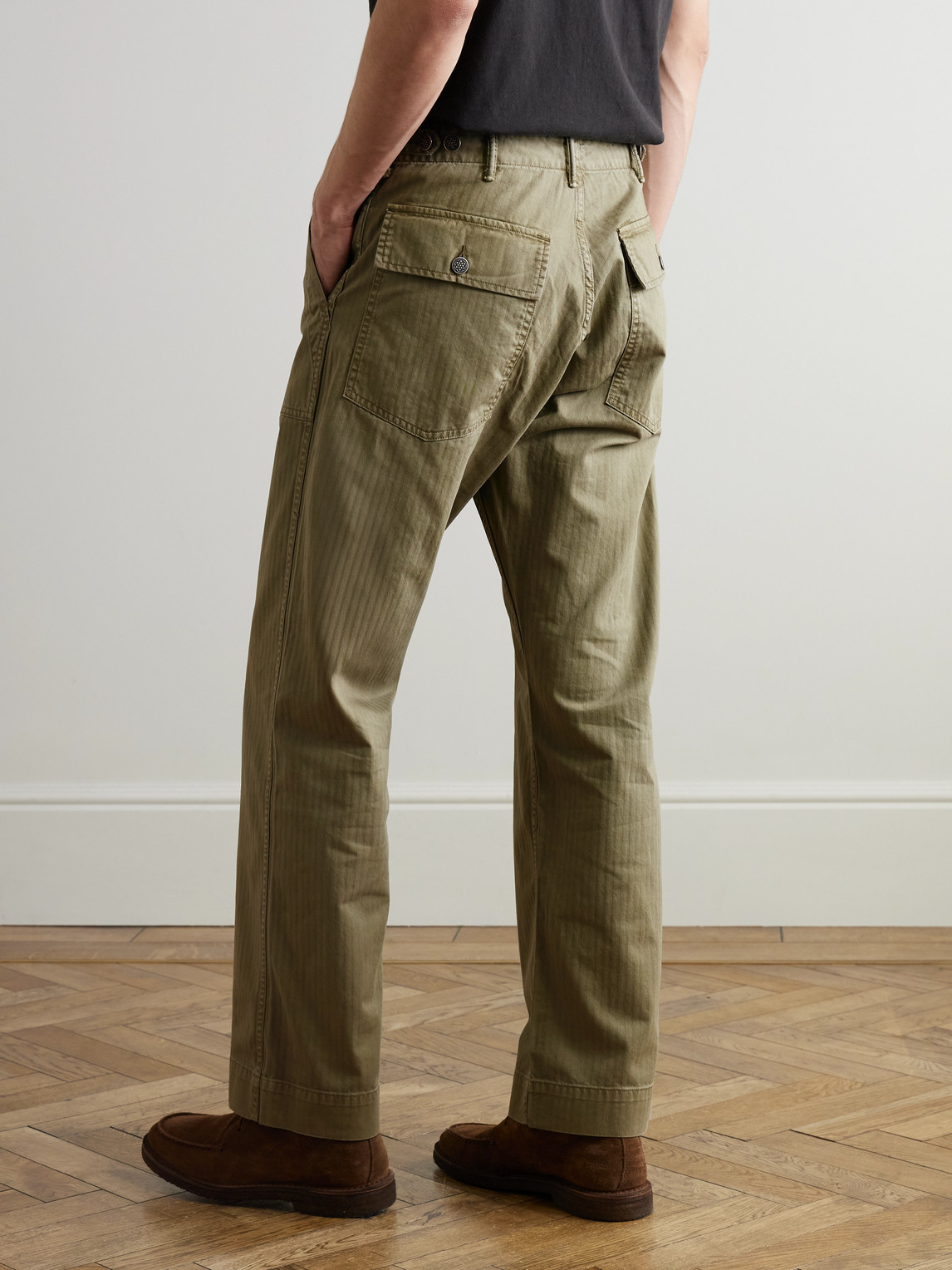 Rrl Cotton-herringbone Trousers In Green