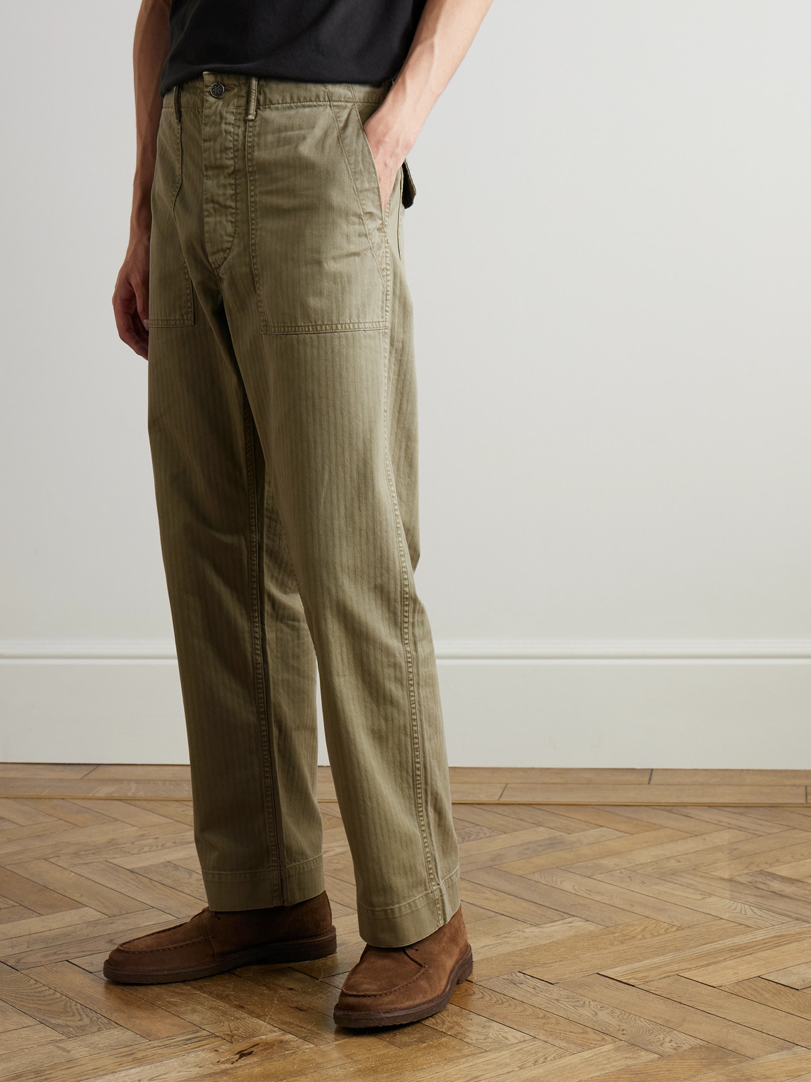 Rrl Cotton-herringbone Trousers In Green