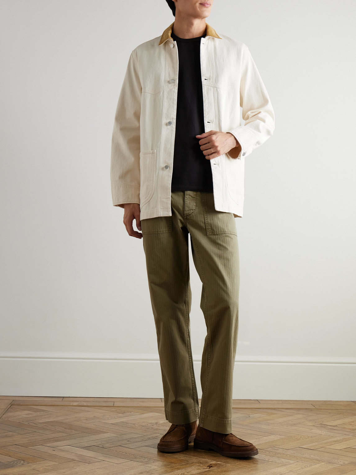 Rrl Cotton-herringbone Trousers In Green