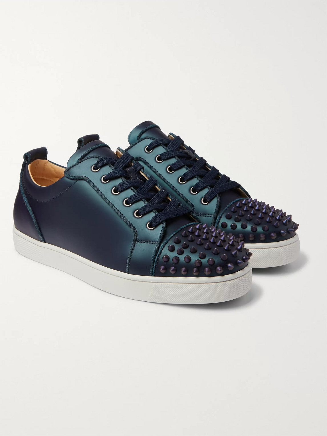 Shop Christian Louboutin Louis Junior Spikes Cap-toe Iridescent Leather Sneakers In Blue